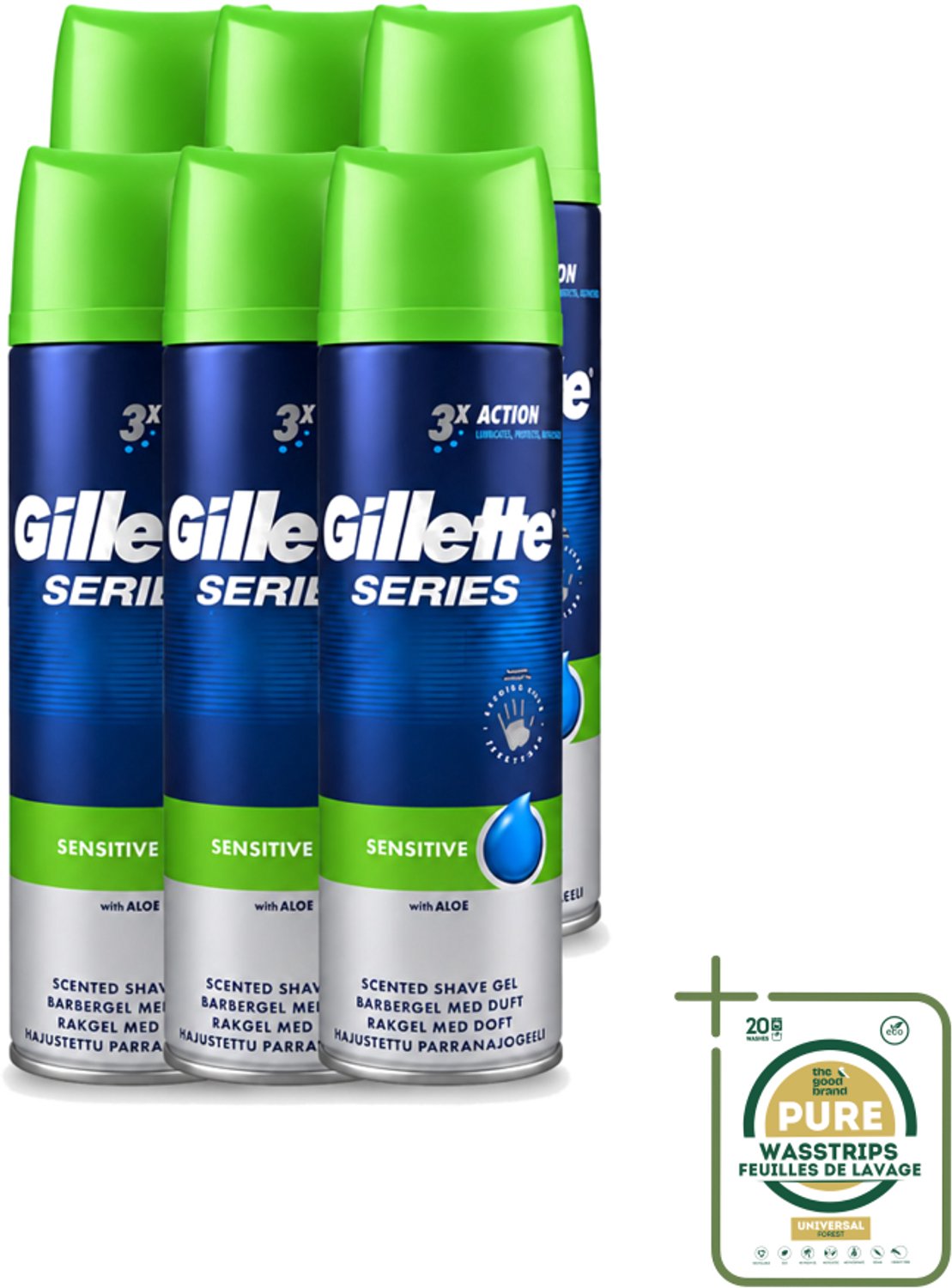 6 x Gillette Series - Scheergel - Sensitive - Aloe Vera - Voor de gevoelige huid - 200 ml - Wasstrips - Gevoelige Huid - Scheergel - Aloe Vera - Menthol - Scheren