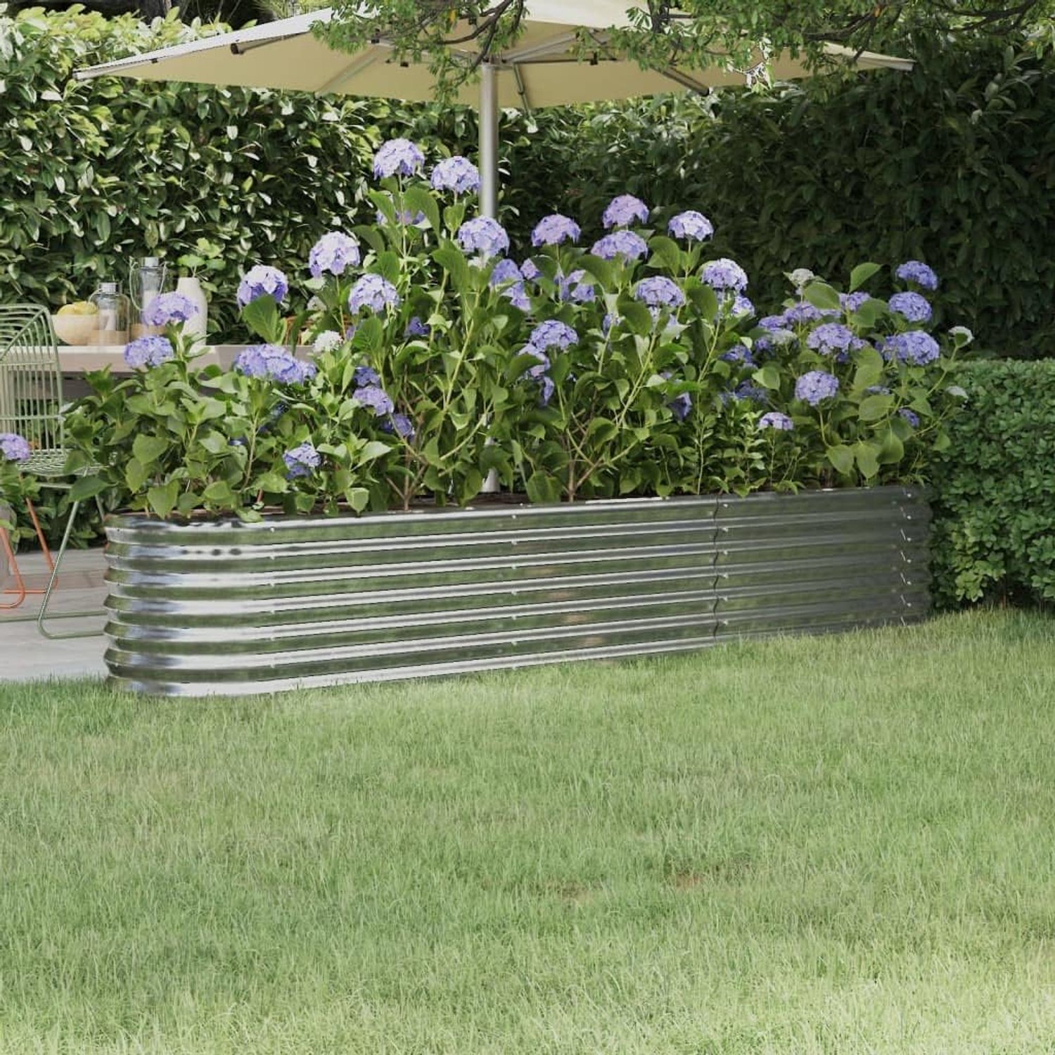 Bloembak, bloembak, plantenbak, grote bloempot, plantenbak, voor buiten, geschikt voor achtertuin, tuin, restaurant, café, gepoedercoat staal, 224 x 40 x 36 cm, zilver
