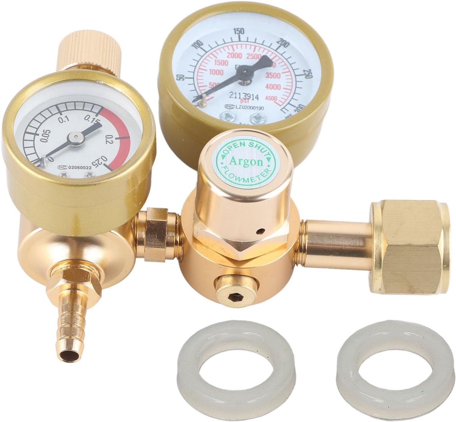 Argon CO2-regelaar Hogedruk dubbele meter 0 tot 4500PSI CGA580 Inlaat 1/4 inch uitlaat Messing TIG MIG Gaslasstroomregelaar voor professionele lassers