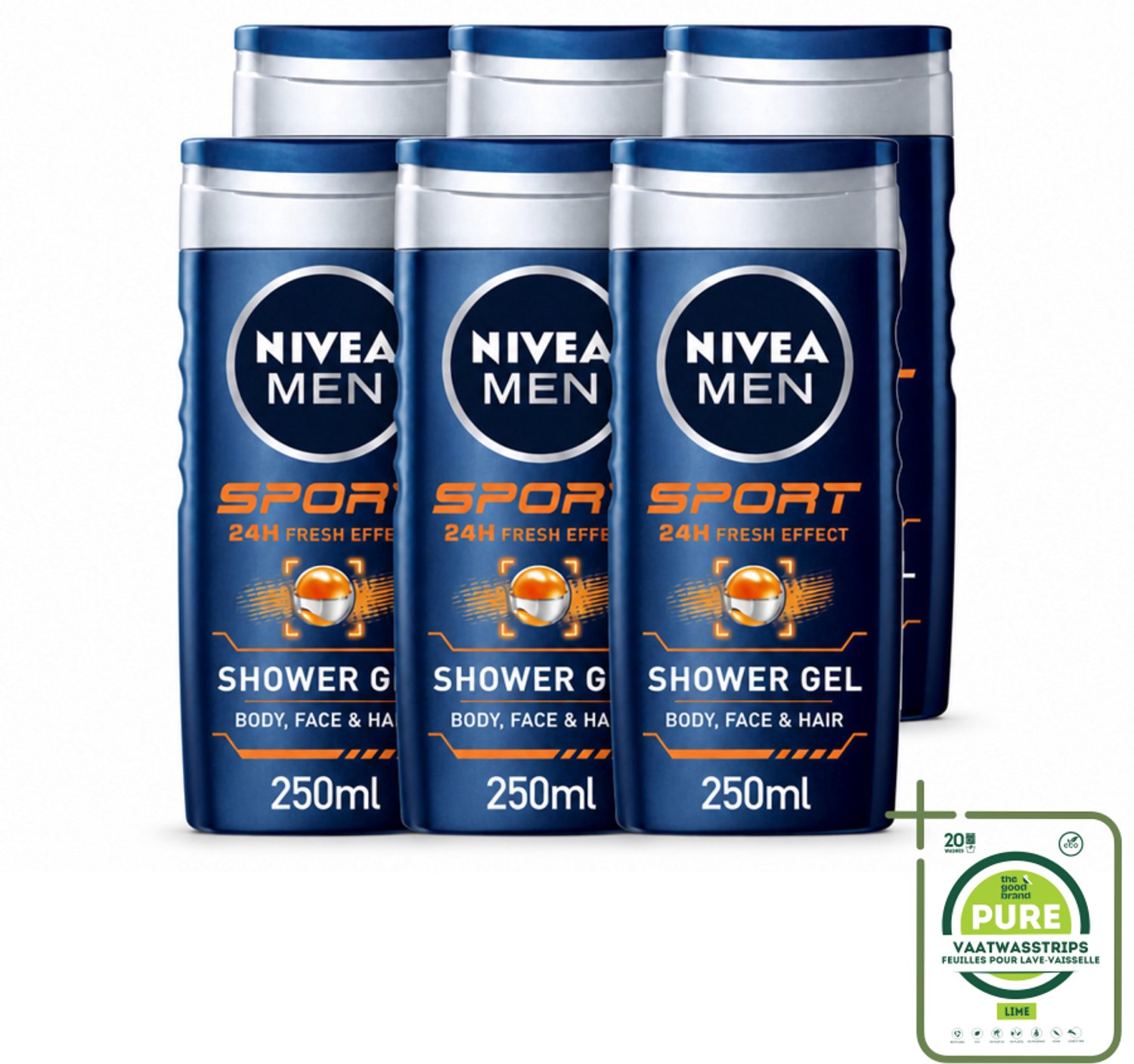 6 x NIVEA MEN – Douchegel – Sport – 250 ml - Grootverpakking - Vaatwasstrips - Sportdouchegel - Fris Na Sporten - Verkoelend Na Inspanning - Mannelijke Limoengeur - Huid En Haar Verzorging