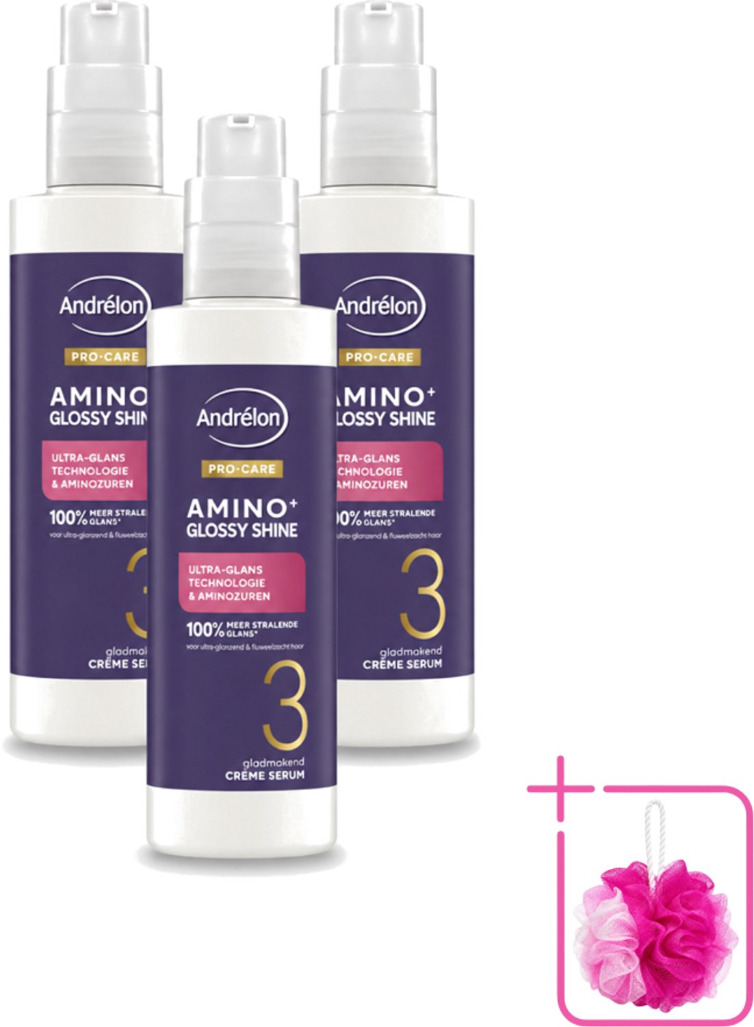 3 x Andrélon – Crème Serum – Pro Care Amino+ Glossy Shine – 200 ml - Bulkverpakking - Glans haar - Douchemop - Glad haar