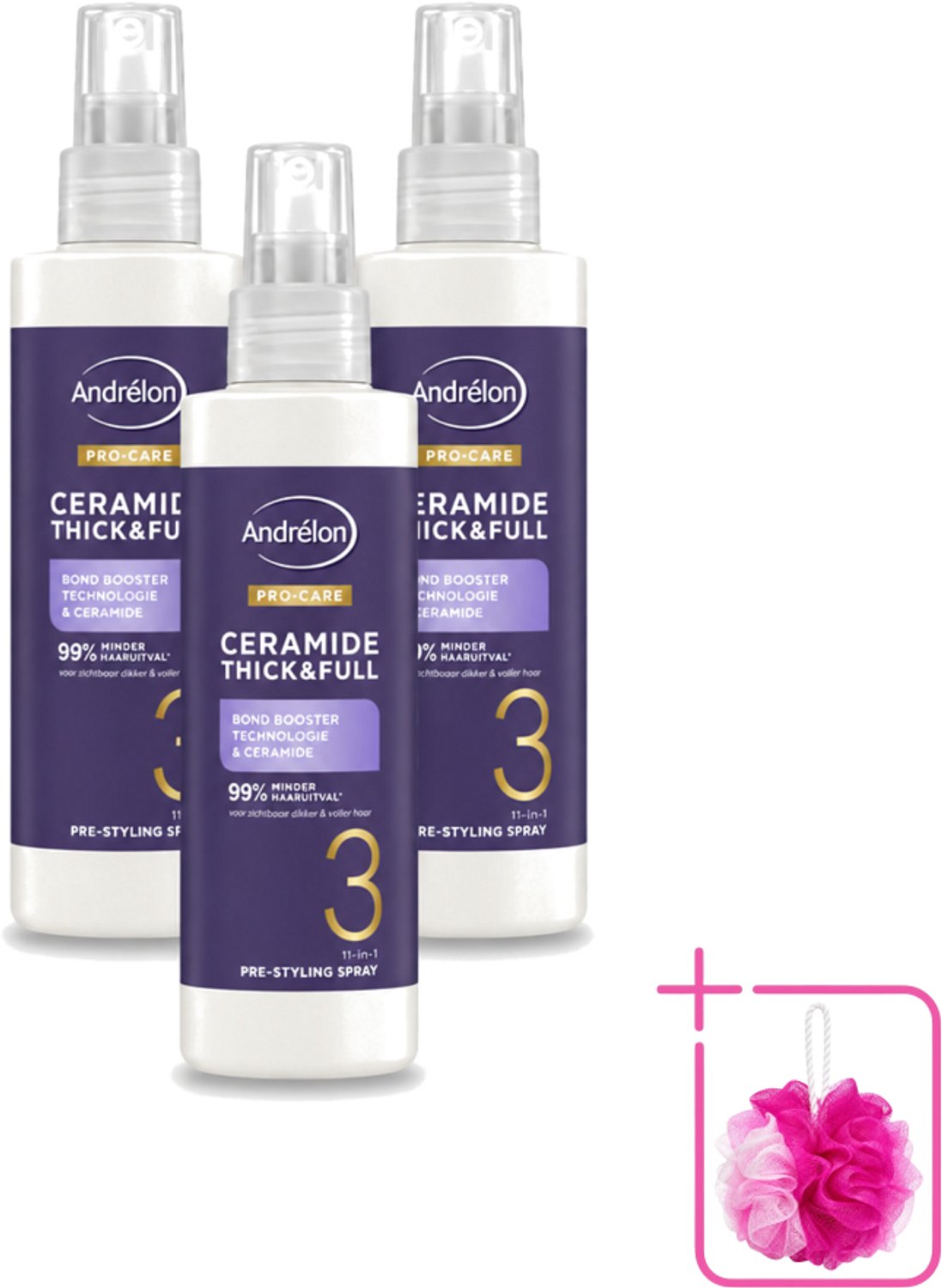 3 x Andrélon – Leave-In Spray – Pro Care Ceramide Thick & Full – 200 ml - Bulkverpakking - Haarkleur - Douchemop - Haartype