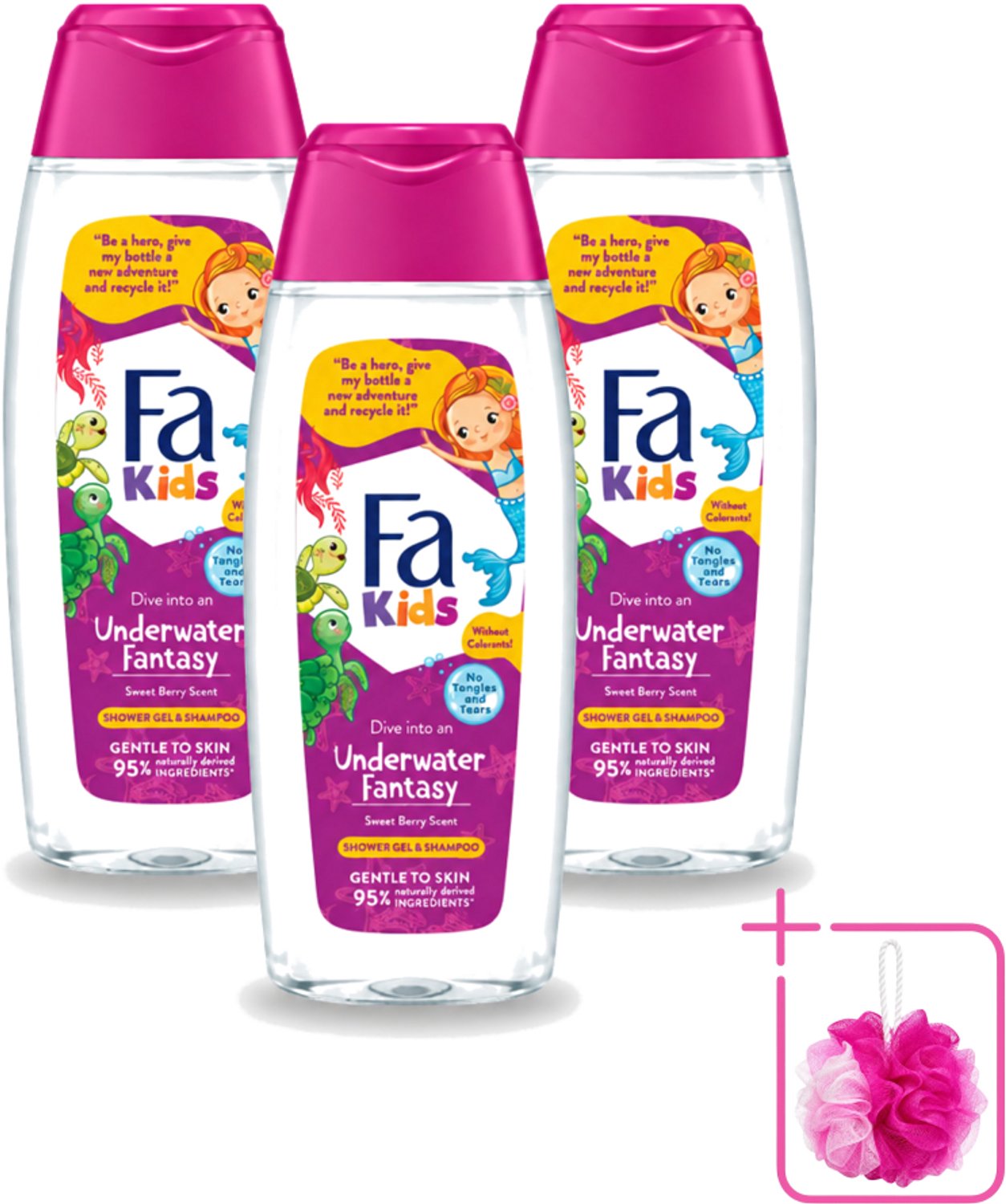 3 x Fa – Douchegel & Shampoo – Kids Underwater Fantasy – 250 ml - Bulkverpakking - Kinderdouchegel - Douchemop - Kindershampoo
