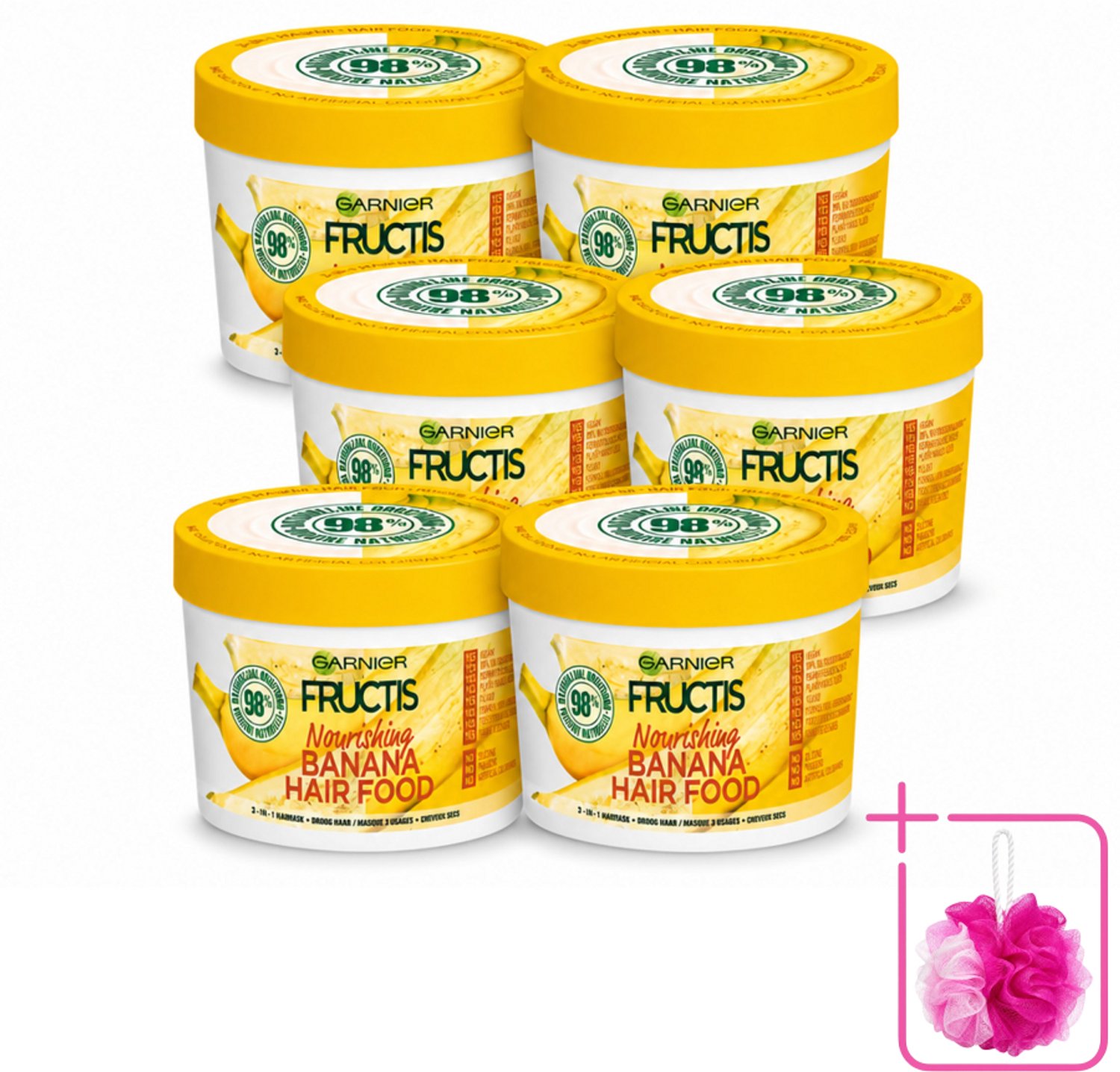 6 x Garnier - Fructis Hair Food Banana - 3-in-1 Haarmasker - Voedend - Droog Haar - 400 ml - Bulkverpakking - Haarmasker kokosmelk - Douchemop - Haarmasker macadamia