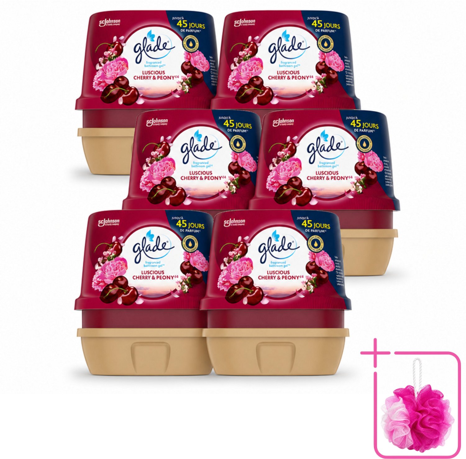 6 x Glade - Badkamer Gel - Luscious Kers & Pioenroos - 180 g - Bulkverpakking - Geur gel badkamer - Douchemop - Bloemige geur