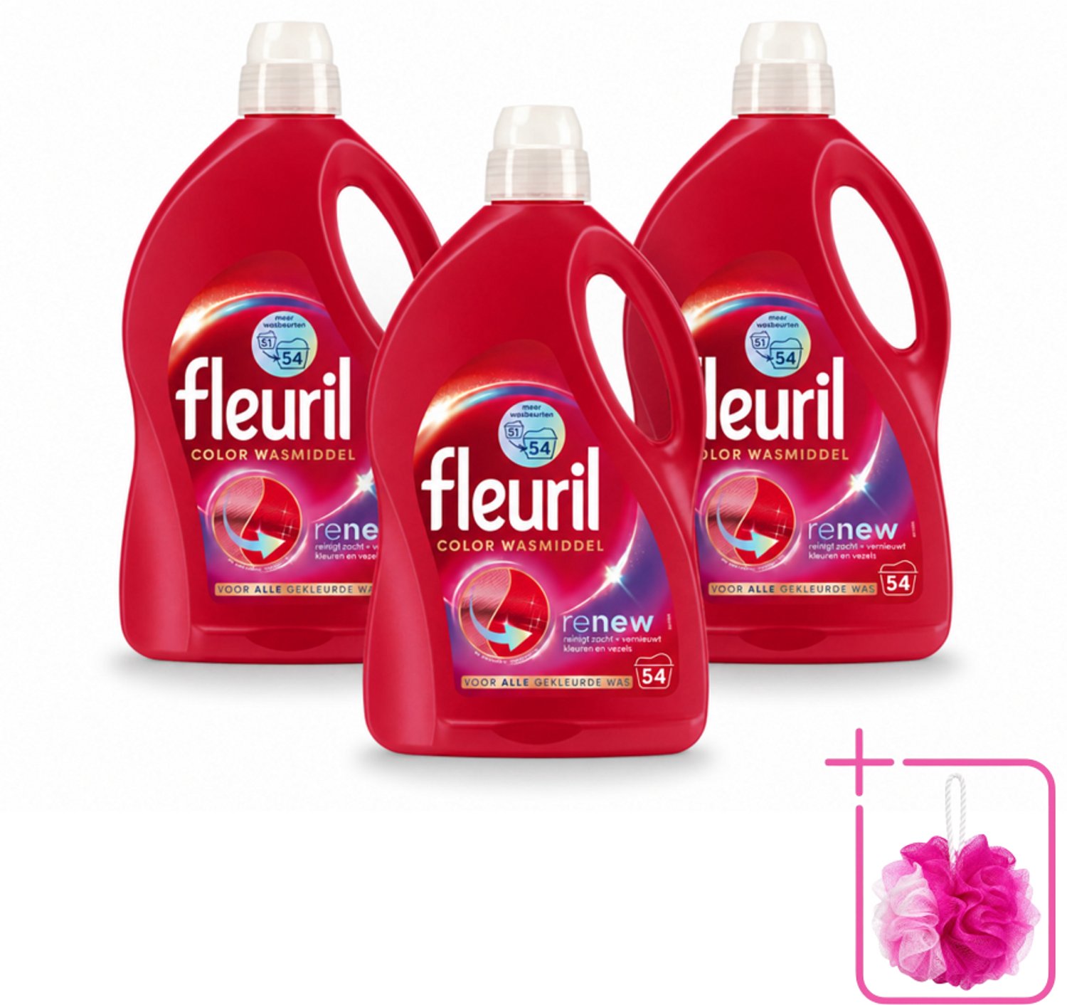 3 x Fleuril - Wasmiddel - Renew Color Vloeibaar Wasmiddel - Gekleurde Was - 54 wasbeurten - Bulkverpakking - Kleurbehoud - Douchemop - Wasmiddel voor gekleurde kleding
