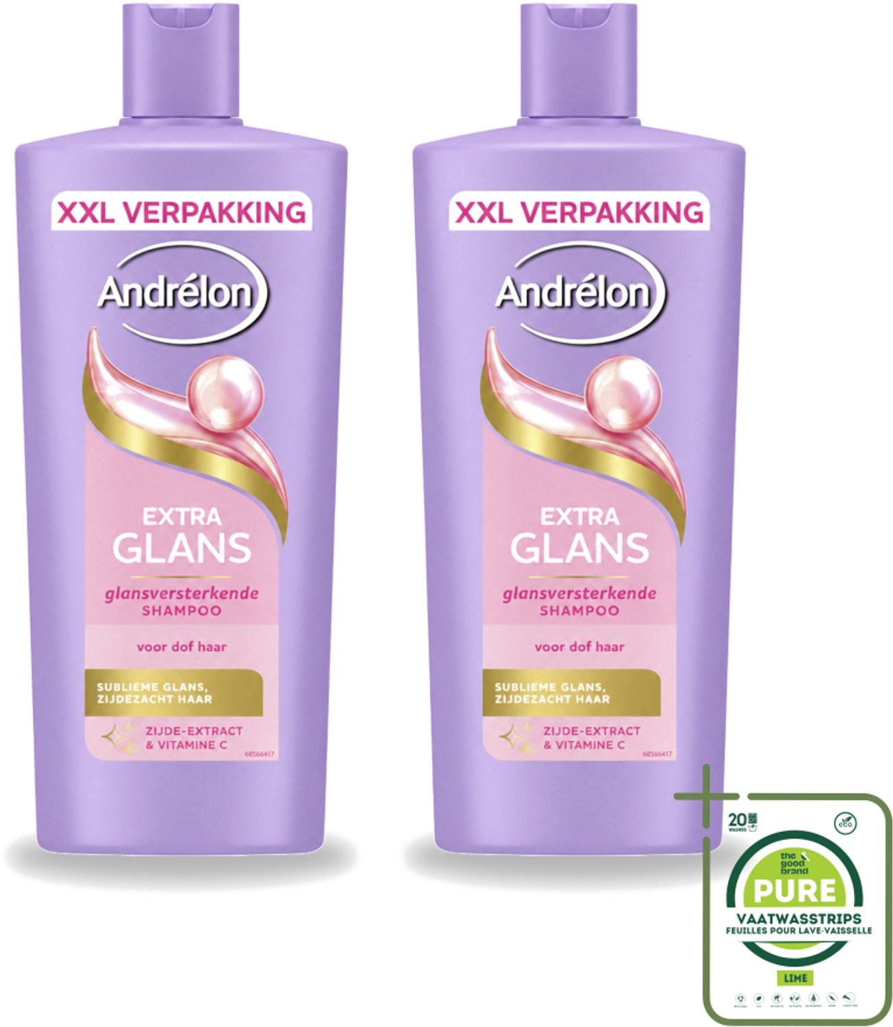 2 x Andrélon – Shampoo – Extra Glans – 685 ml - Grootverpakking - Vaatwasstrips - Glans Haar - Zijde Extract - Vitamine C - Stralende Haar - Gezonde Glans