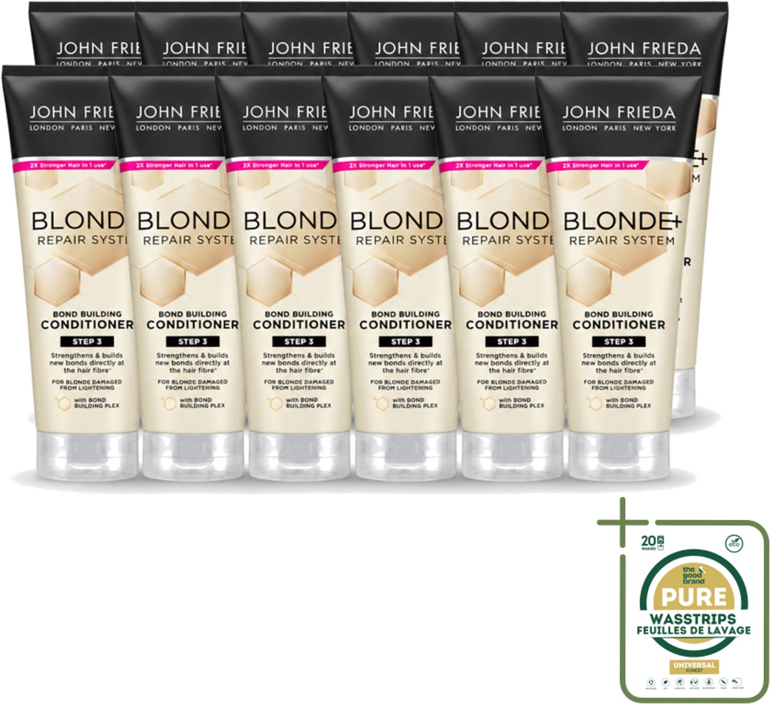 12 x John Frieda – Conditioner – Blonde+ Repair Bond Building – Herstellend – 250 ml - Herstel Blond Haar - Beschadigd Haar - Haar Versterken - Haar Glans - Haar Herstellen