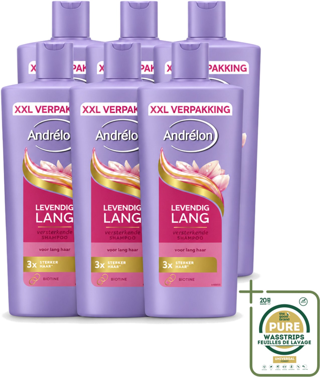 6 x Andrélon – Shampoo – Levendig Lang – 685 ml - Wasstrips - Lang Haar Verzorging - Versterkend Haar Shampoo - Biotine Shampoo - Gezond Lang Haar - Beschadigd Haar Versterken