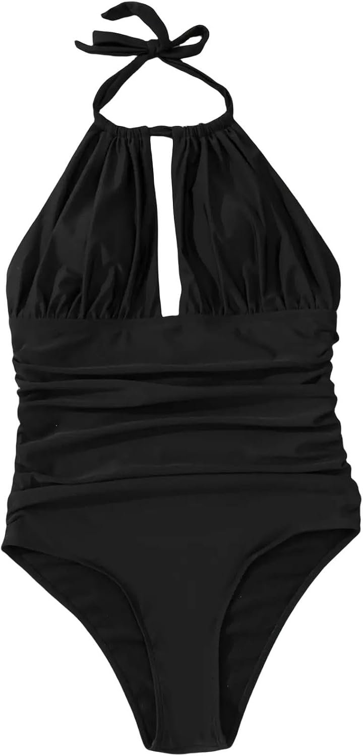 bikini Ruched Halter Swimsuit One Piece Sexy High Neck Swimwear Women Solid Bathers Bathing Suit Female Swimming-black-l