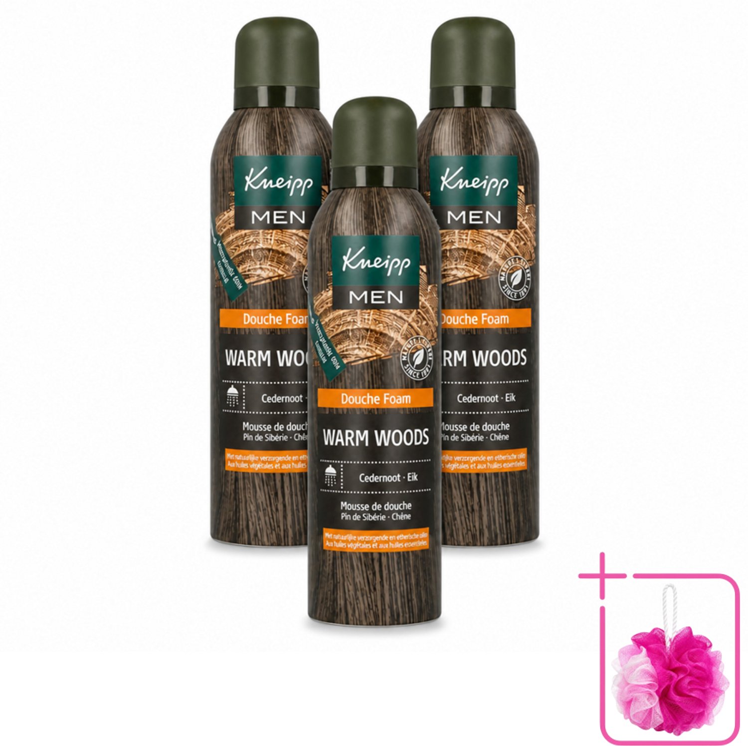 3 x Kneipp - Douche schuim - Men - Warm Woods - Warme houtgeur - 200 ml - Bulkverpakking - Douche foam - Douchemop - Warme houtgeur