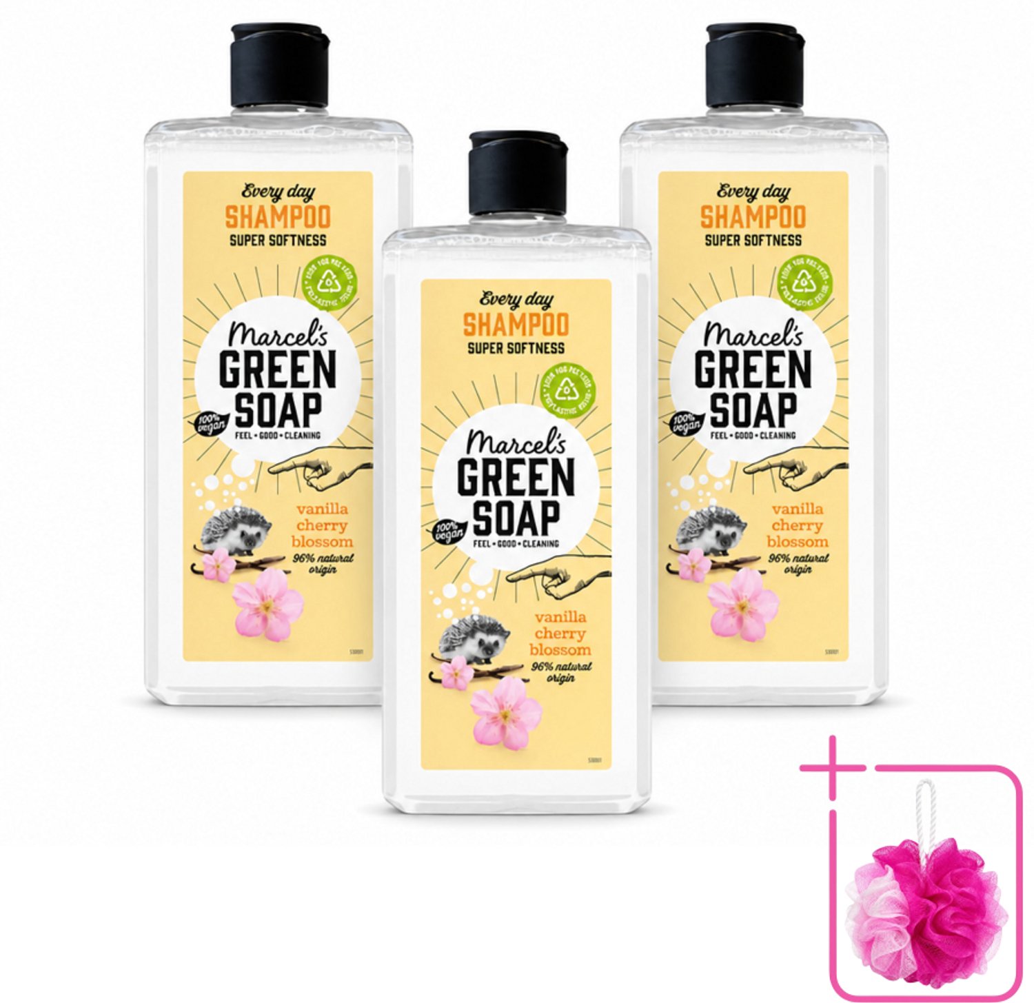 3 x Marcel's Green Soap - Every Day Shampoo - Vanilla & Cherry Blossom - Versterkt & verzorgt - 300 ml - Bulkverpakking - Dagelijks shampoo - Douchemop - Natuurlijke shampoo