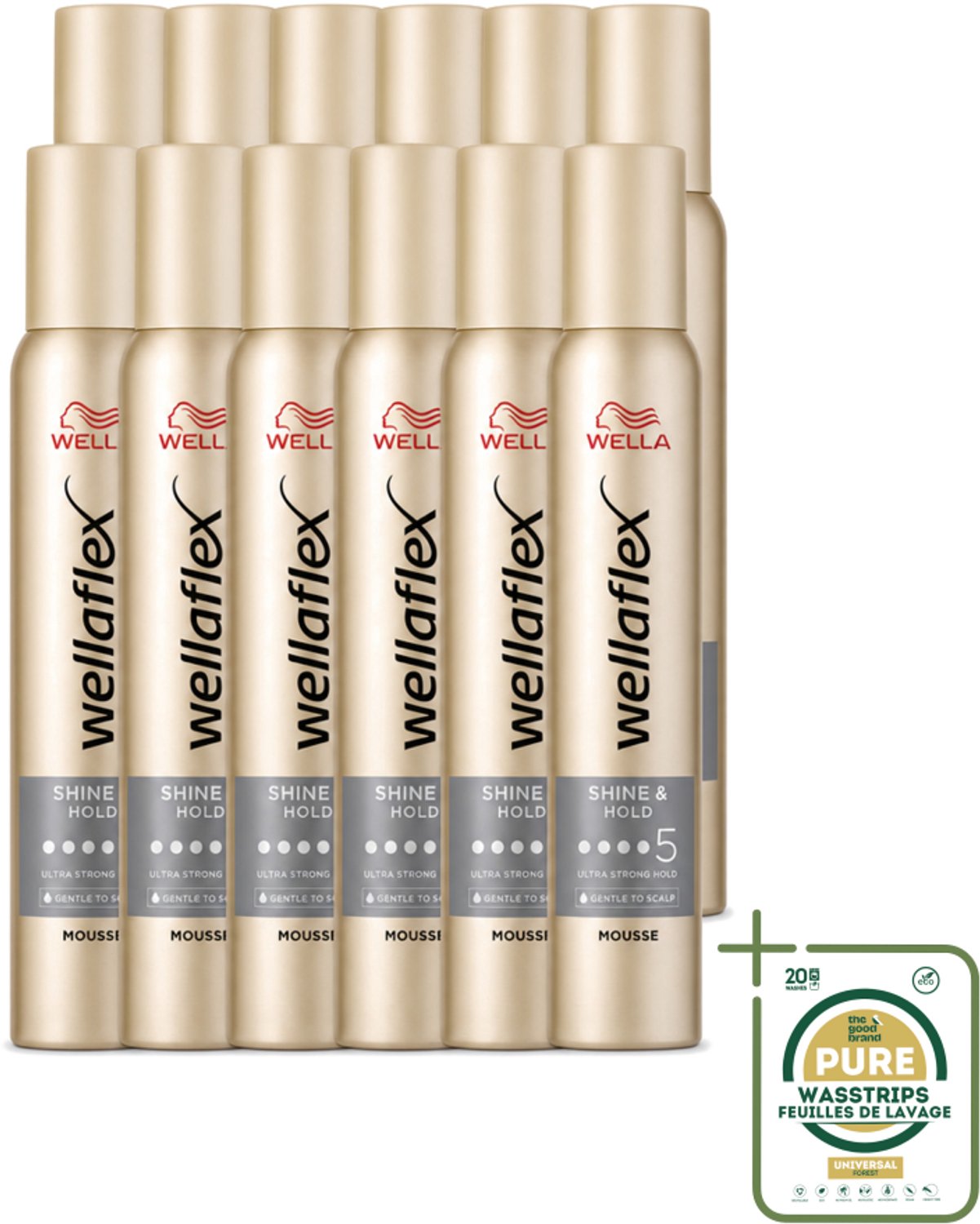 12 x Wella – Flex Shine & Hold – Haarmousse – 200 ml - Wasstrips - Haarmousse - Glans - Haarversteviging - UV Bescherming - Vegan Haarproduct