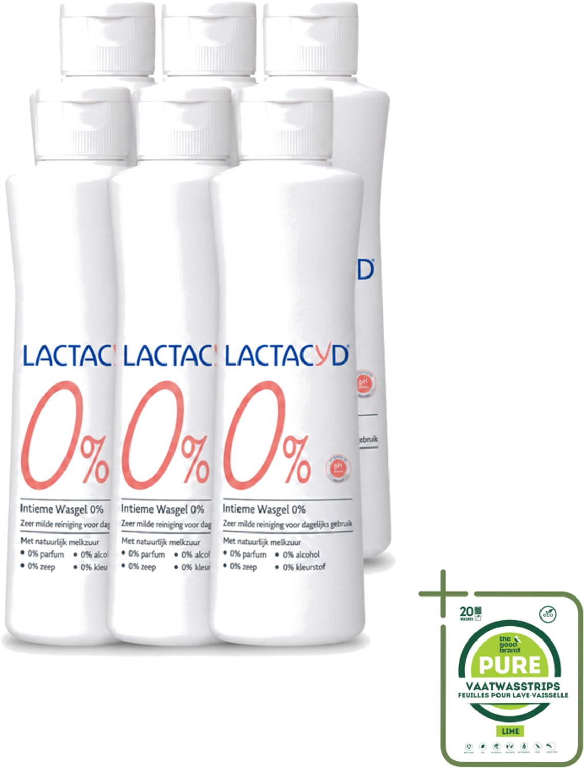 6 x Lactacyd – 0% – Milde Wasgel – 250 ml - Grootverpakking - Vaatwasstrips - Intieme Wasgel - Gevoelige Huid - PH-vriendelijk - Zeepvrij - Milde Wasgel