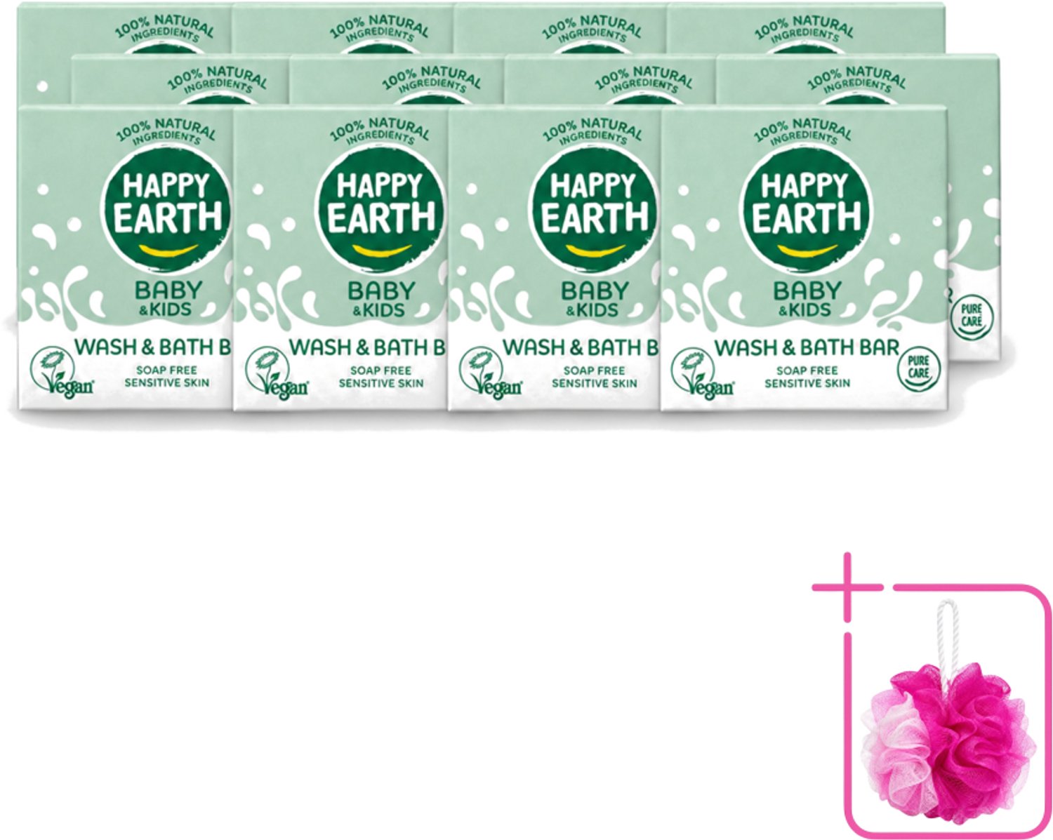 12 x Happy Earth – Wash & Bath Bar – 100% Natuurlijk Baby & Kids – 50 g - Bulkverpakking - Baby wasbar - Douchemop - Kind badbar