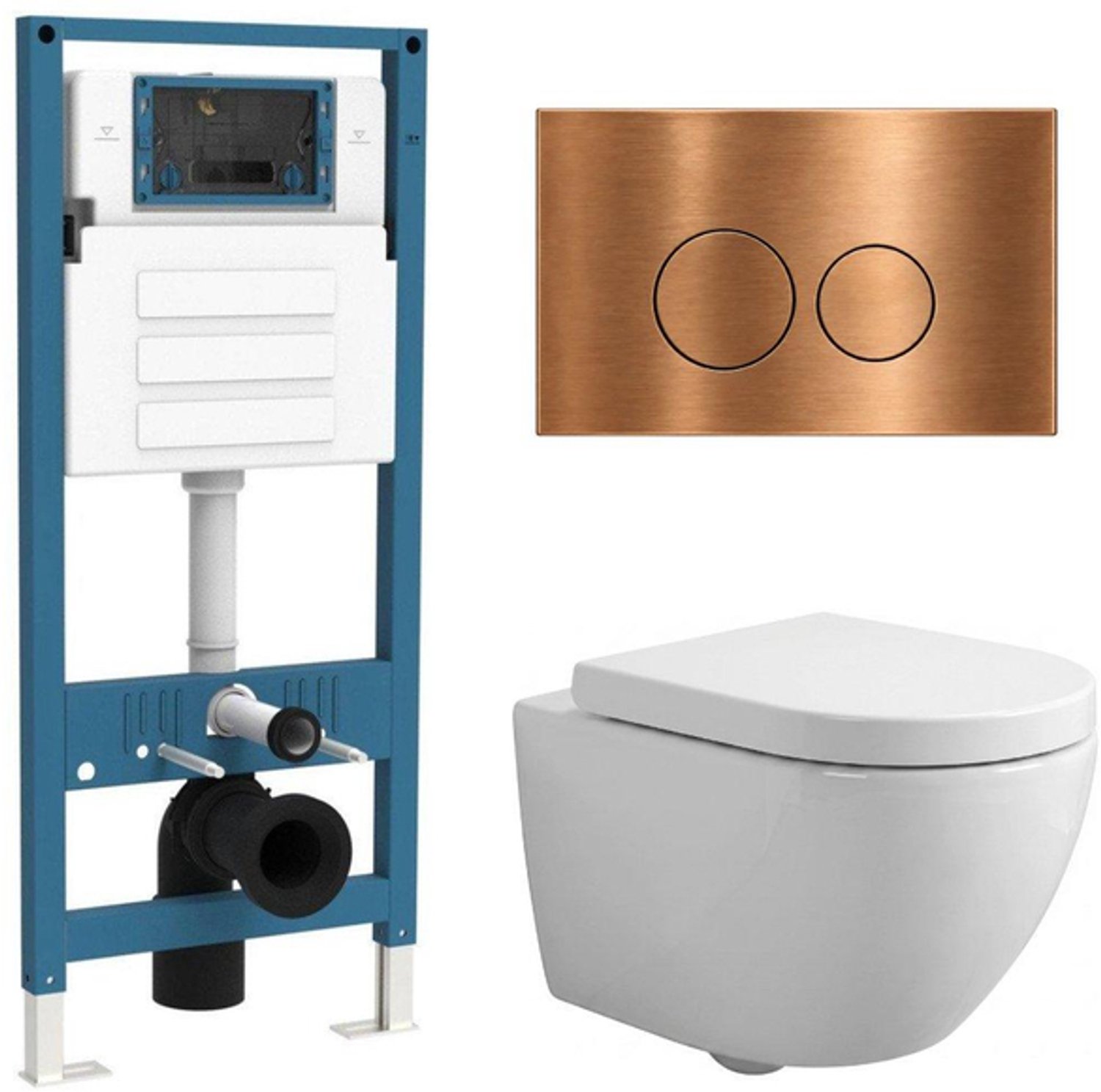 QeramiQ Dely Swirl Compact Toiletset - inbouwreservoir QeramiQ flush - 25mm zitting - metalen bedieningsplaat koper - ronde knoppen - glans wit