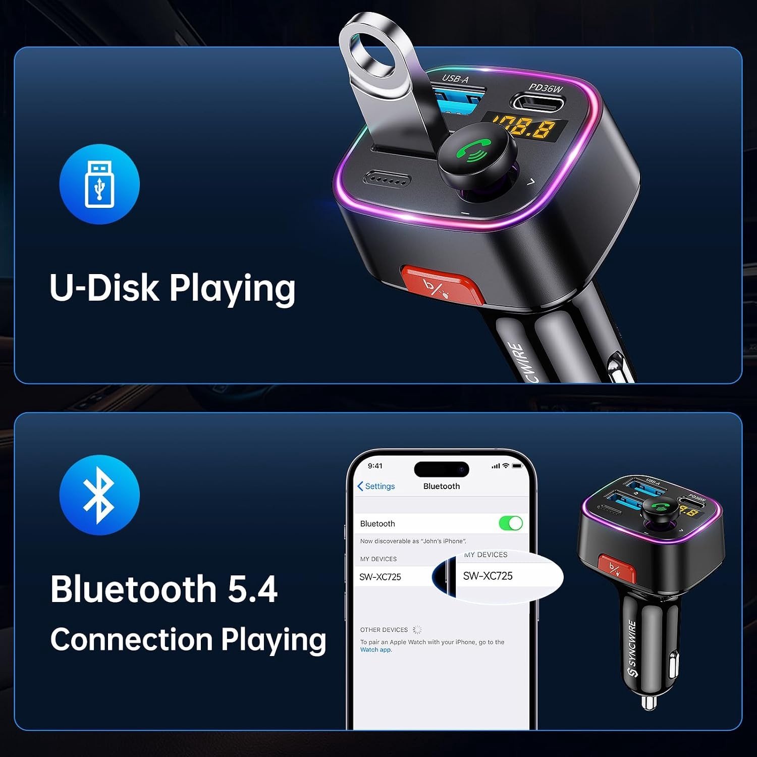 Bluetooth FM Transmitter en Auto Lader met Dubbele USB Poorten, 48W Snelladen en LED Display voor Draadloze Radio Ontvangst en 64GB USB Stick met Lichtschakelaar – foto 4