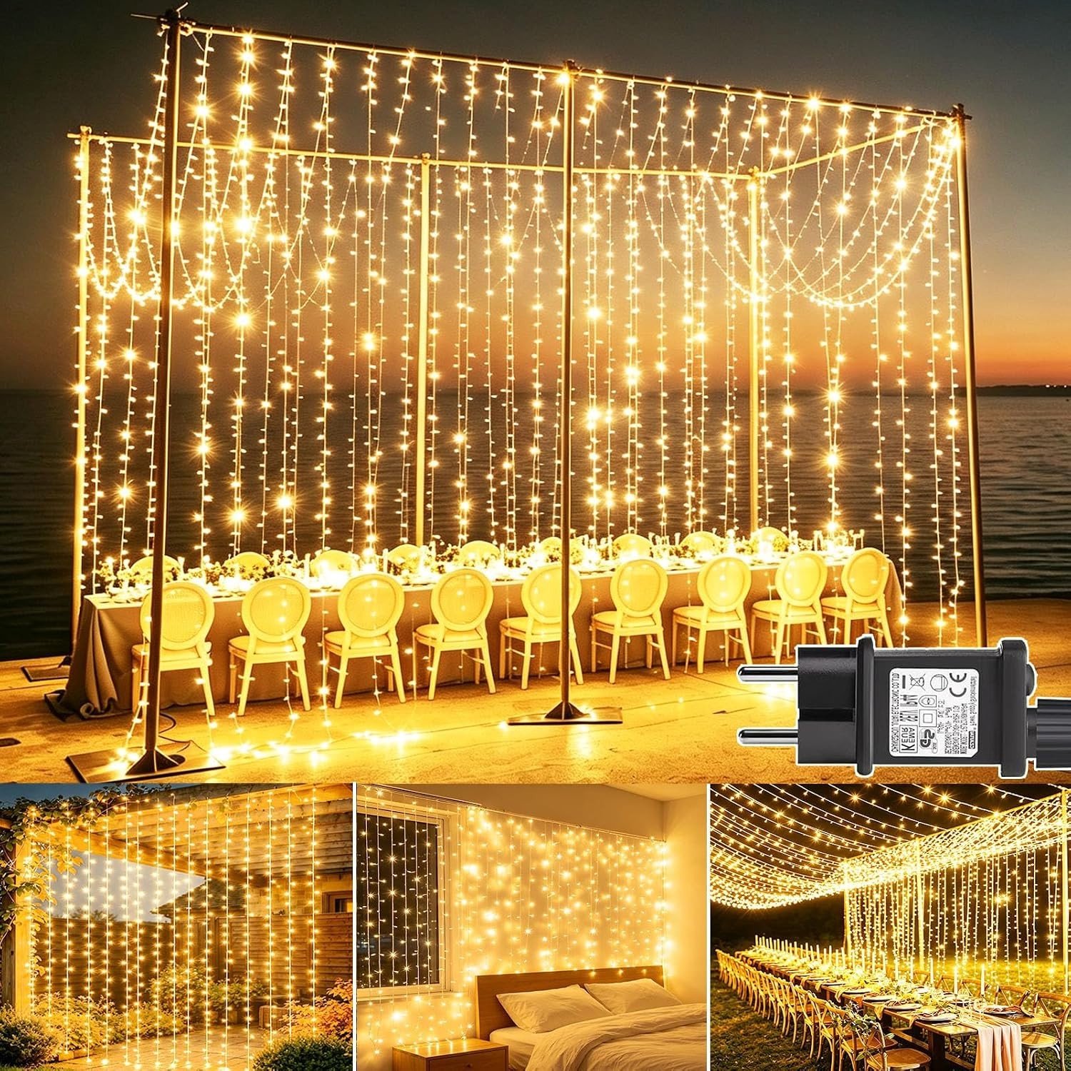 Set van 2 Binnen- en Buitenverlichting met Sfeervolle LED Fairy Lights, 3 m x 3 m, 300 LEDs voor Tuin en Feestjes