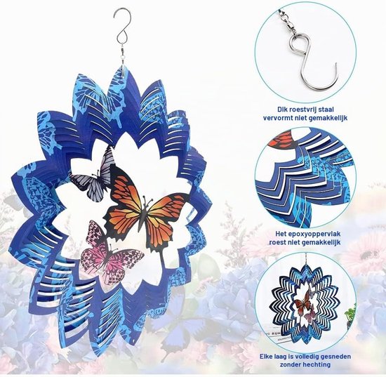 Grote metalen tuin windspinners en hangende buiten windgong met wandnagels, roestvrijstalen vlinder sculpturen (30x30cm) voor sfeervolle decoratie en beweging in de tuin — afbeelding 2