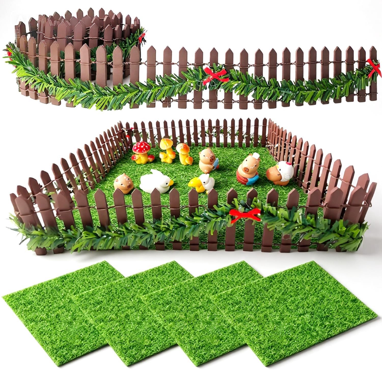 5-delige accessoires set voor tuinornamenten met houten hek en kunstgras voor miniatuurtuinen, poppenhuizen en gnome huizen