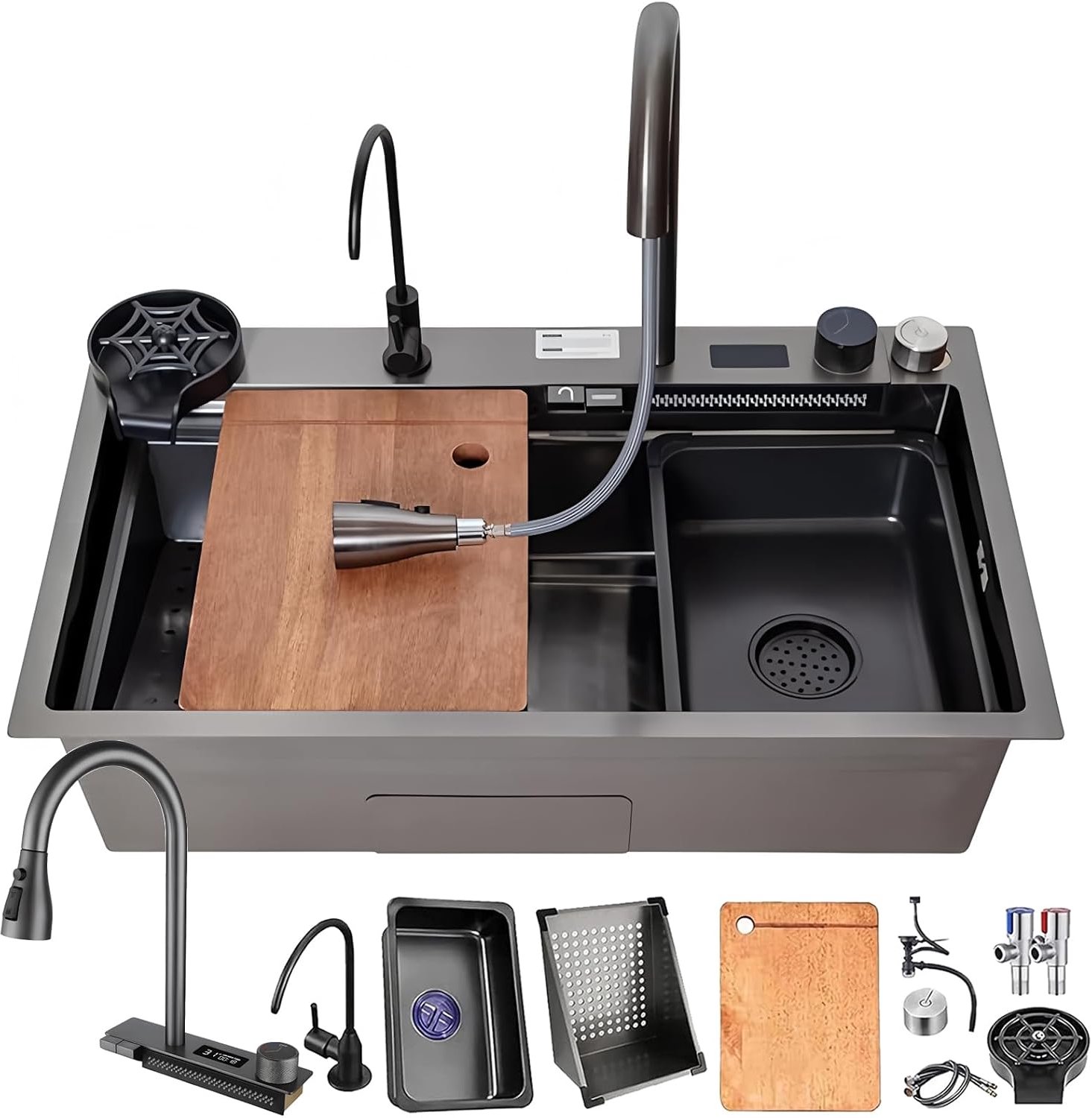 Roestvrijstalen Waterval Spoelbak Grote Enkele Kom Werkstation Spoelbak Met 360° Uittrekbare Kraan, Snijplank, Sifon En Afvoerset – Moderne Keuken- En Barvoorbereidingsspoelbak(Black#B01,80x45c