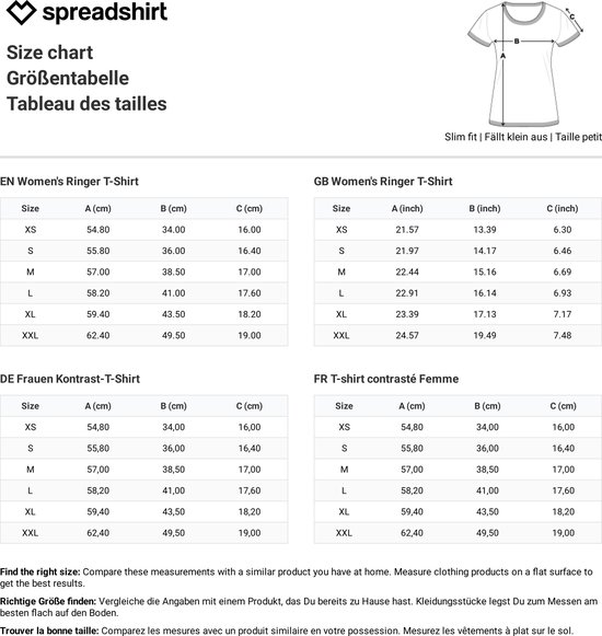 Maattabel voor dames T-shirt met contrast: maten, afmetingen en een illustratie van een T-shirt met maten.