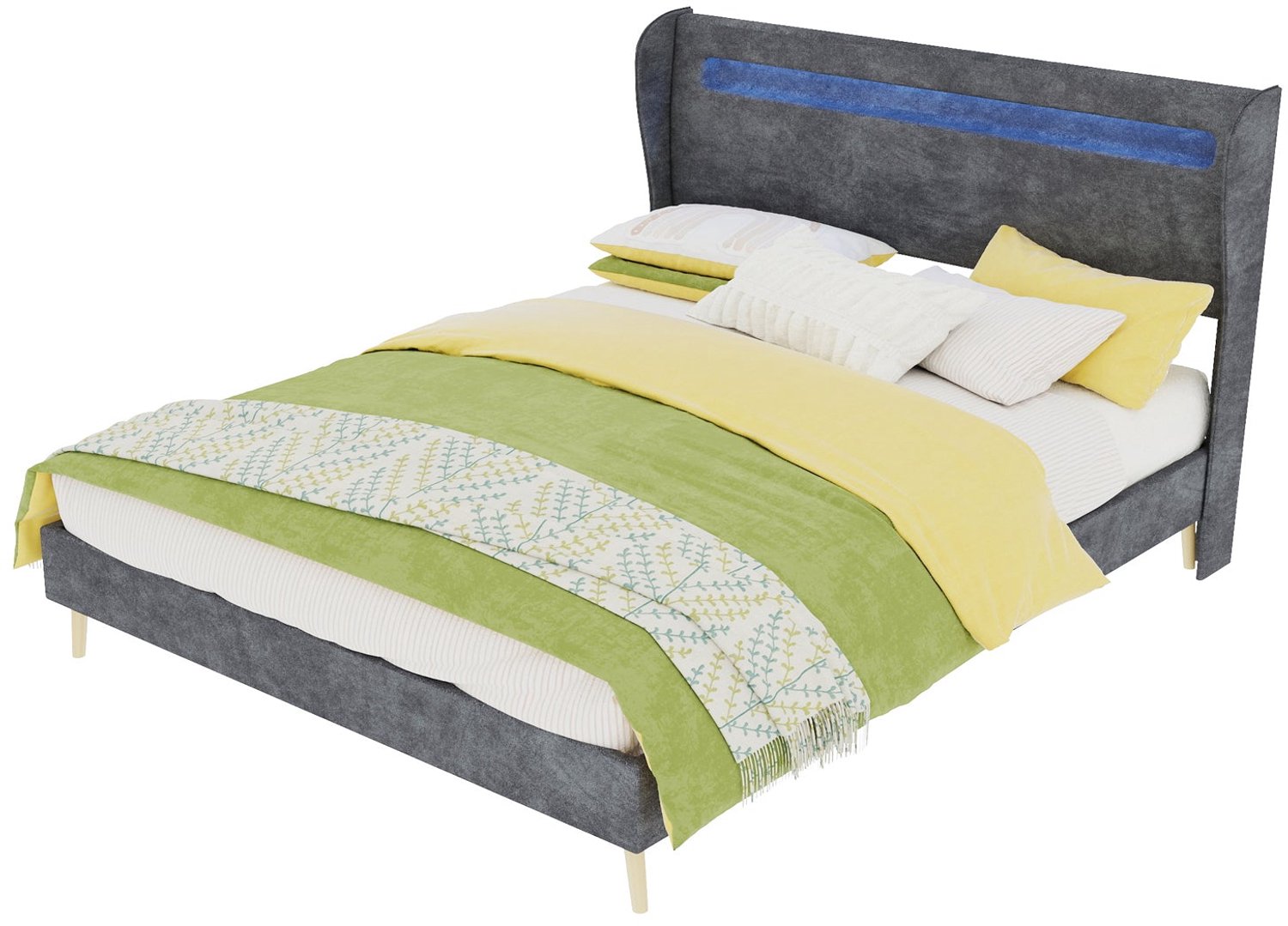 Merax Gestoffeerd Bed 140 x 200 cm - Grijs - LED Verlichting - Hoog Hoofdbord - Houten Lattenbodem - Tweepersoonsbed - Zonder Matras