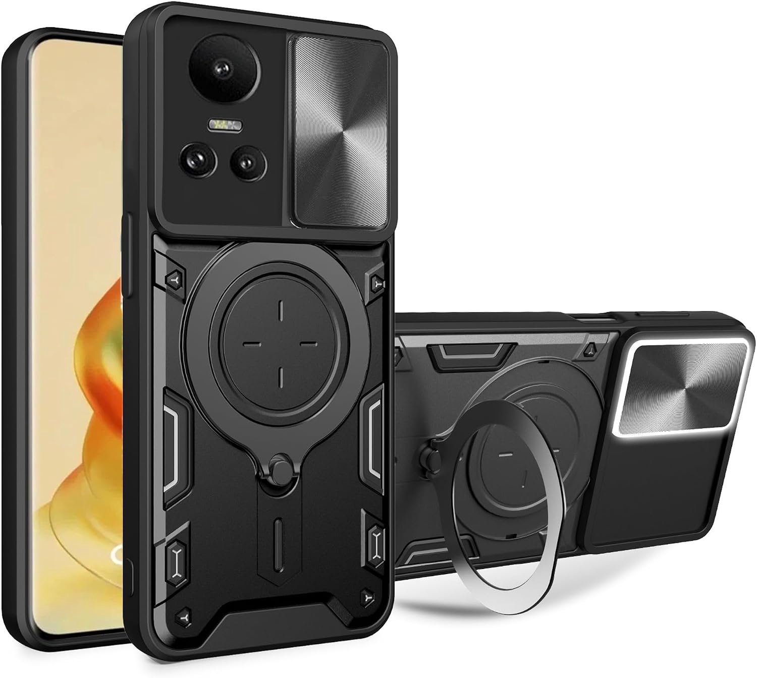 Beschermhoes voor OPPO Reno 10 / OPPO Reno 10 Pro, stootvaste beschermhoes in militaire kwaliteit [360°] magnetische standaard, anti-shock Armor beschermhoes met schuifbescherming voor