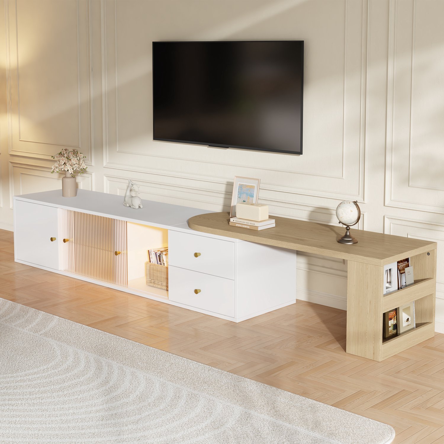 Clruro TV-Meubel - 175×40×35,5 cm - Uitschuifbaar - App-LED - Spaanplaat/Glas - Wit/Naturel Wit+Natuurlijk