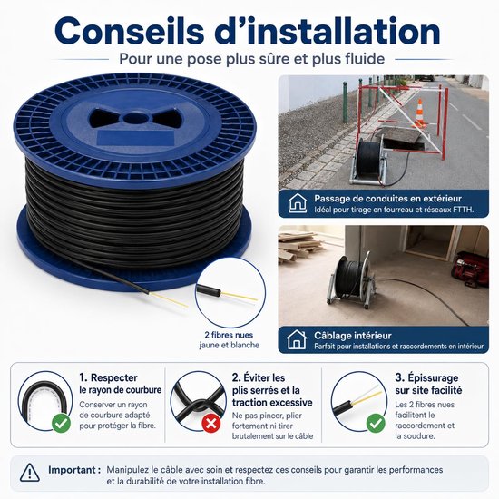 Spoel van vezeltouret 2FO 500 m monomode G657 A2, zwarte mantel, uv-bescherming, FTTH — afbeelding 5