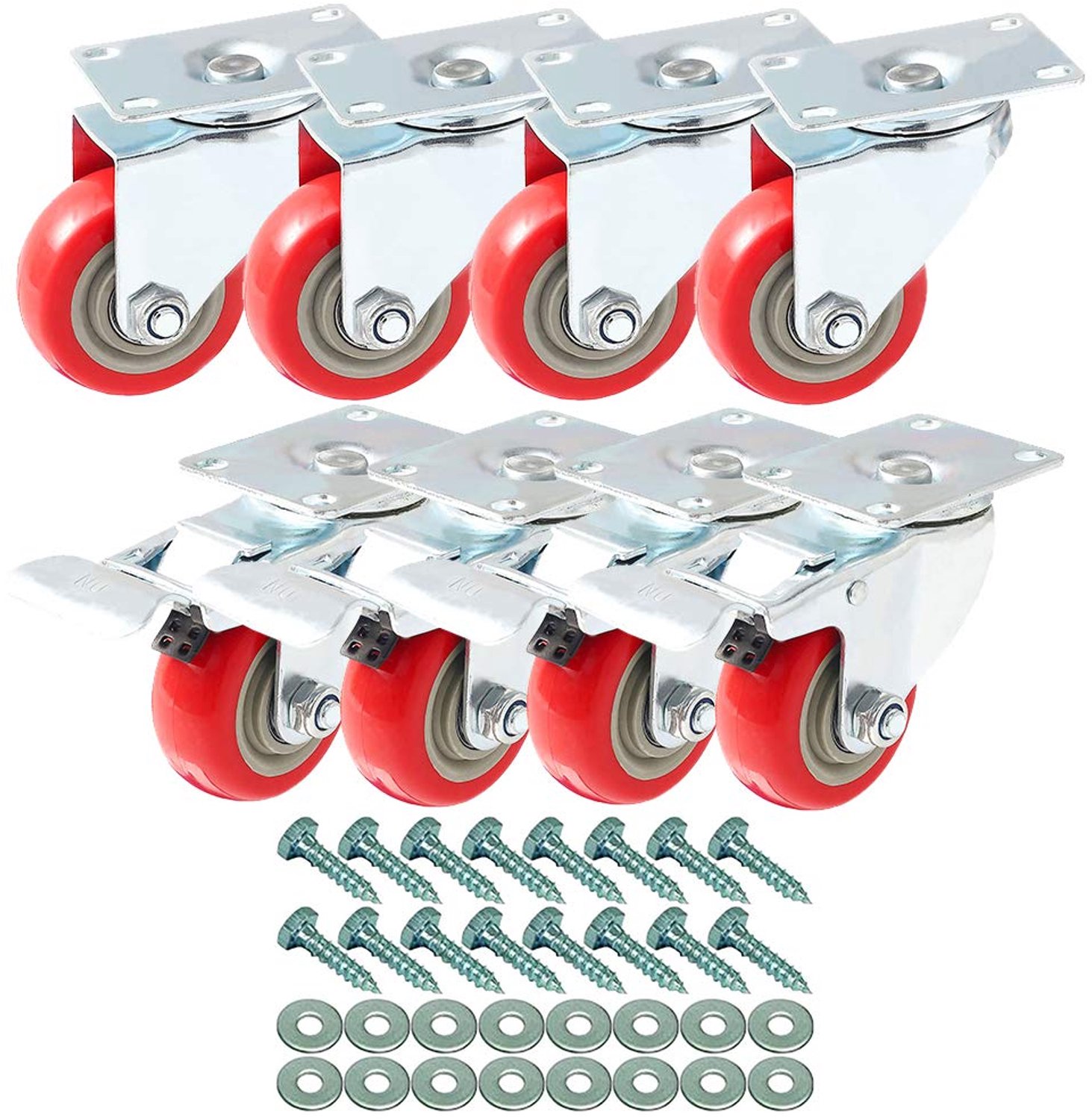 8 stuks 75 mm tot 400 kg, zware rode PU zwenkwielen, 4 remloze + 4 remmen voor doe-het-zelf, meubelwagenwielen met dubbele kogellagers draaibare kop,
