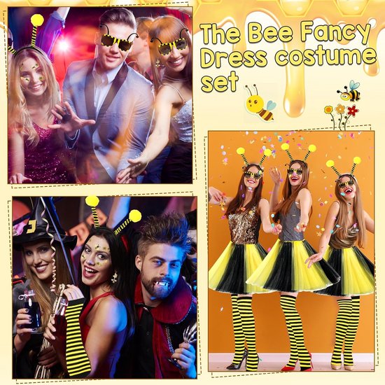 7 stuks bijenkostuum voor volwassenen, voor dames, Hummel, fancy Dress, set met tule rok, hoofdband, gestreepte kousen, handschoenen, gezicht, tattoobril, oorbellen voor carnaval, verkleedpartijen, — afbeelding 5