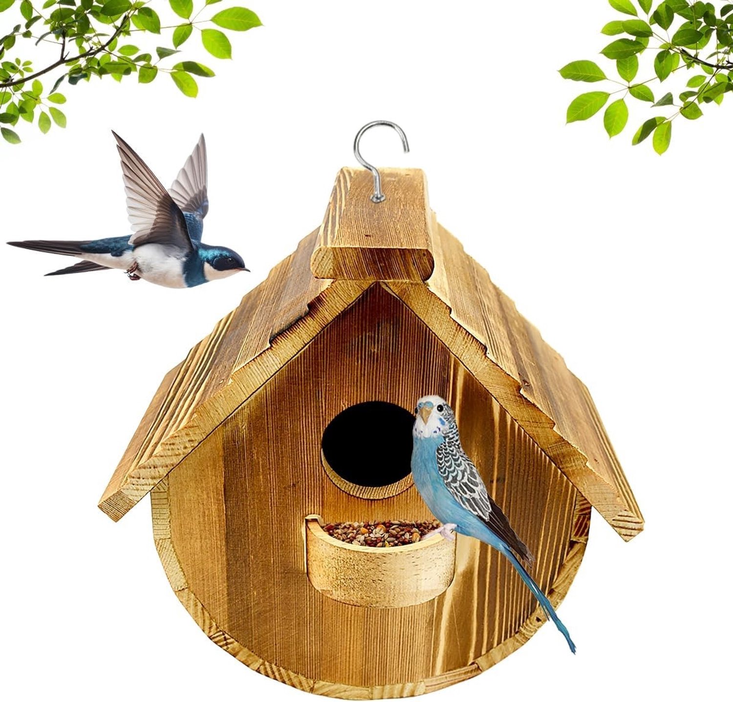 Hangend Vogelhuisje van Natuurlijk Hout voor Tuinvogels met Ingang van 4 cm, Ideaal voor Mezen en Spreeuwen op Balkon of in de Tuin