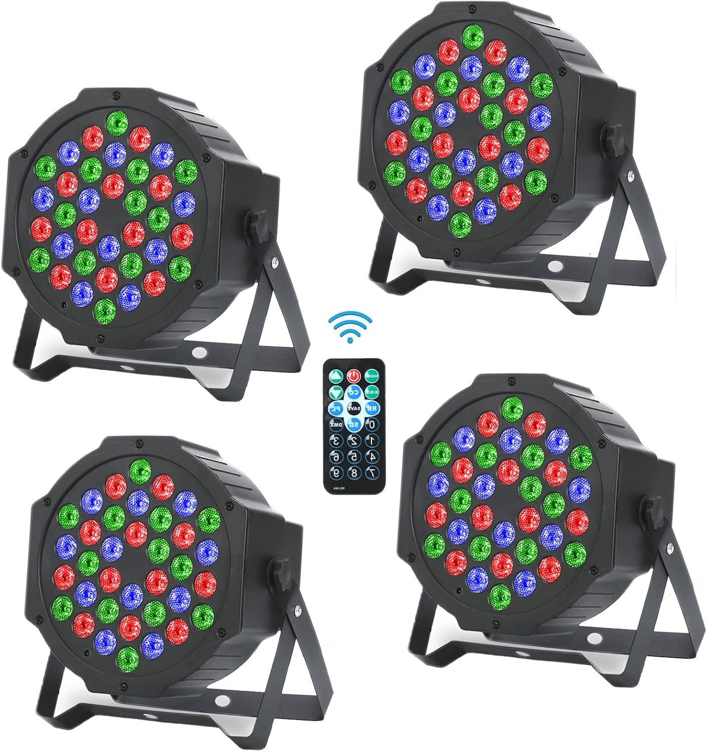 Led-par-spots, 4 stuks, 36 leds, discolicht, partylicht, 7 modi, RGB podiumlicht met afstandsbediening, led, disco, DJ-licht voor dj, bar, band, podium, muziek, party, bruiloft, Halloween, Kerstmis