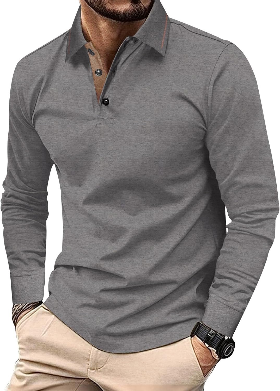 Poloshirt voor heren, casual, lange mouwen, katoen, poloshirt, contrasterende kleur, herfst, winter, klassiek