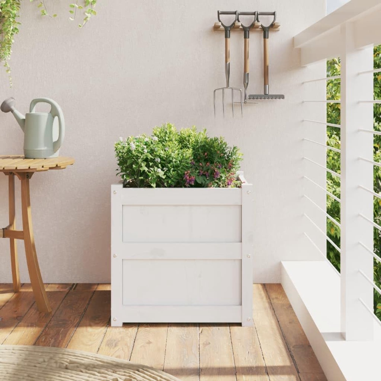 Witte plantenbak van massief grenenhout, 50 x 50 x 50 cm, voor tuin, balkon en terras, royale inhoud voor groenten, bloemen en planten