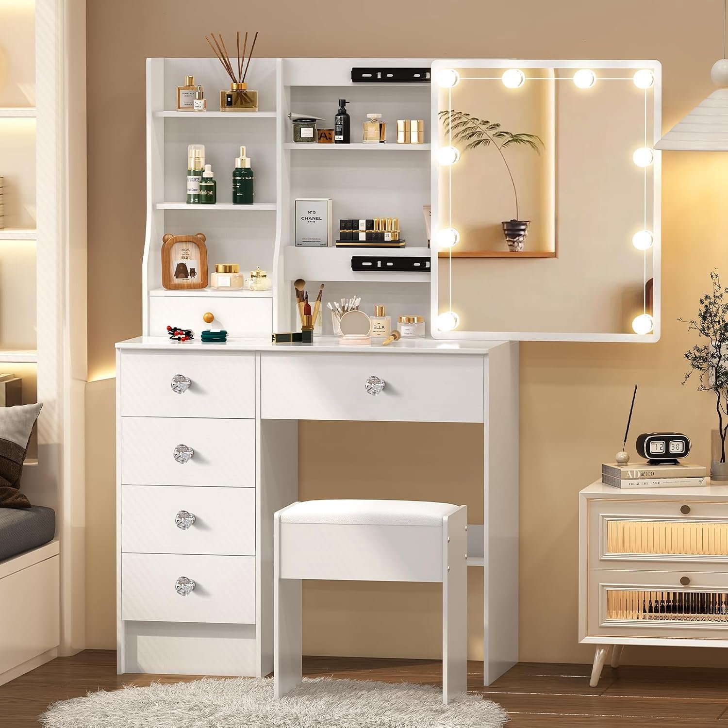 Make-uptafel met schuifdeurspiegel en kruk, stabiele kaptafel met dimbare verlichting en video-instructies, kaptafel met 6 laden en 6 planken, 36 × 80 × 131 cm, wit, J72806