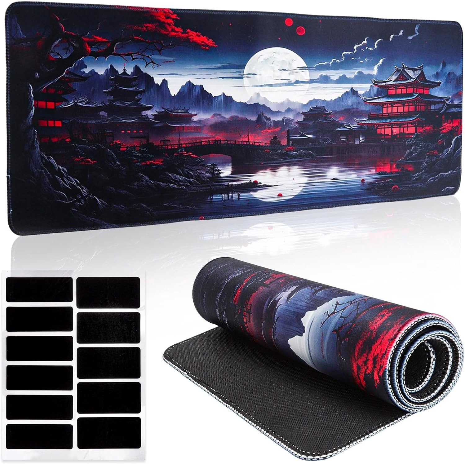 Grote Gaming Muismat 800 x 300 mm met Antislip Rubber Basis, Gestikte Randen en Silicone Pads, Perfect voor PC en Toetsenbord met Anime Japanse Kunst