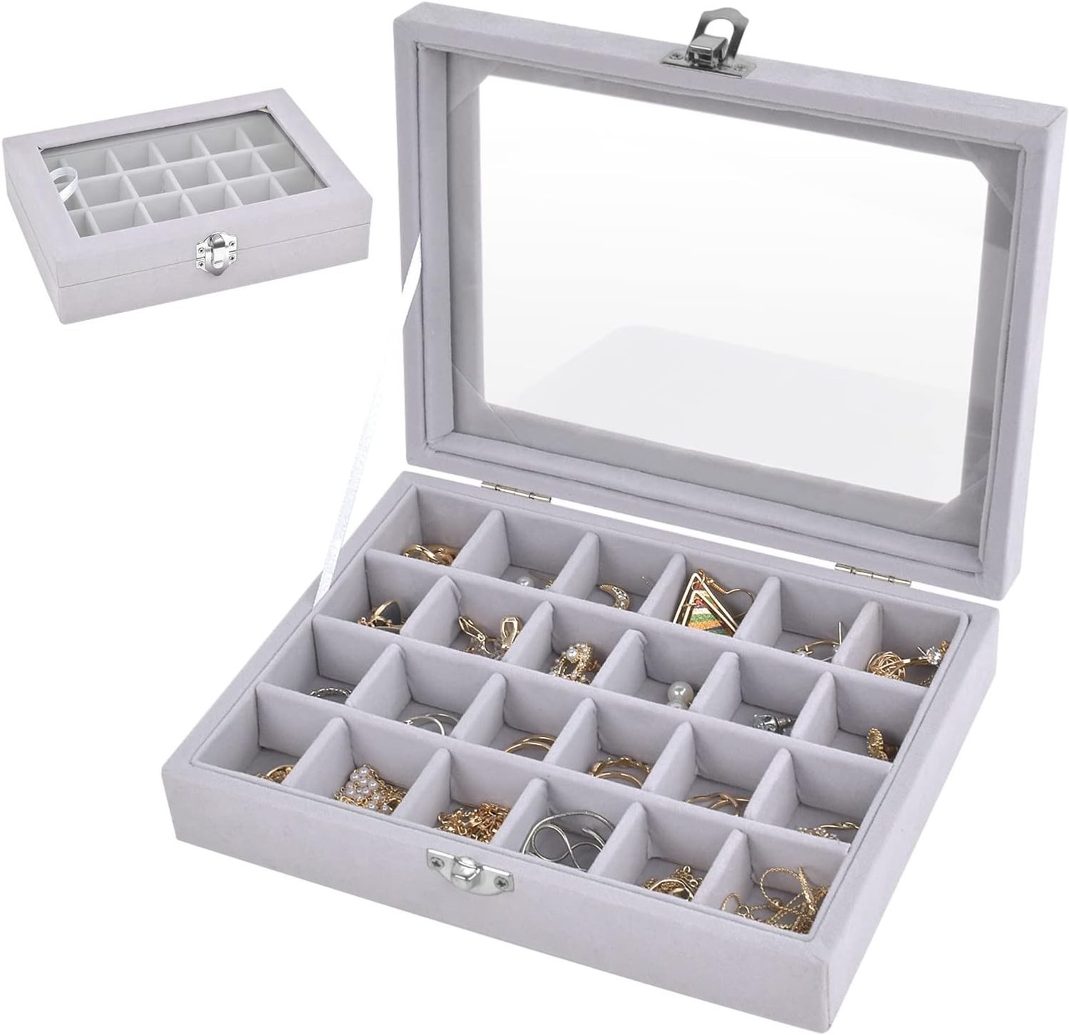Sieraden Organizer voor Oorbellen, Velvet Oorbellen Displaydoos met 24 Vakken en Glazen Deksel, Opbergdoos voor Sieraden met Verstelbare Vakken voor Kettingen, Ringen en Armbanden