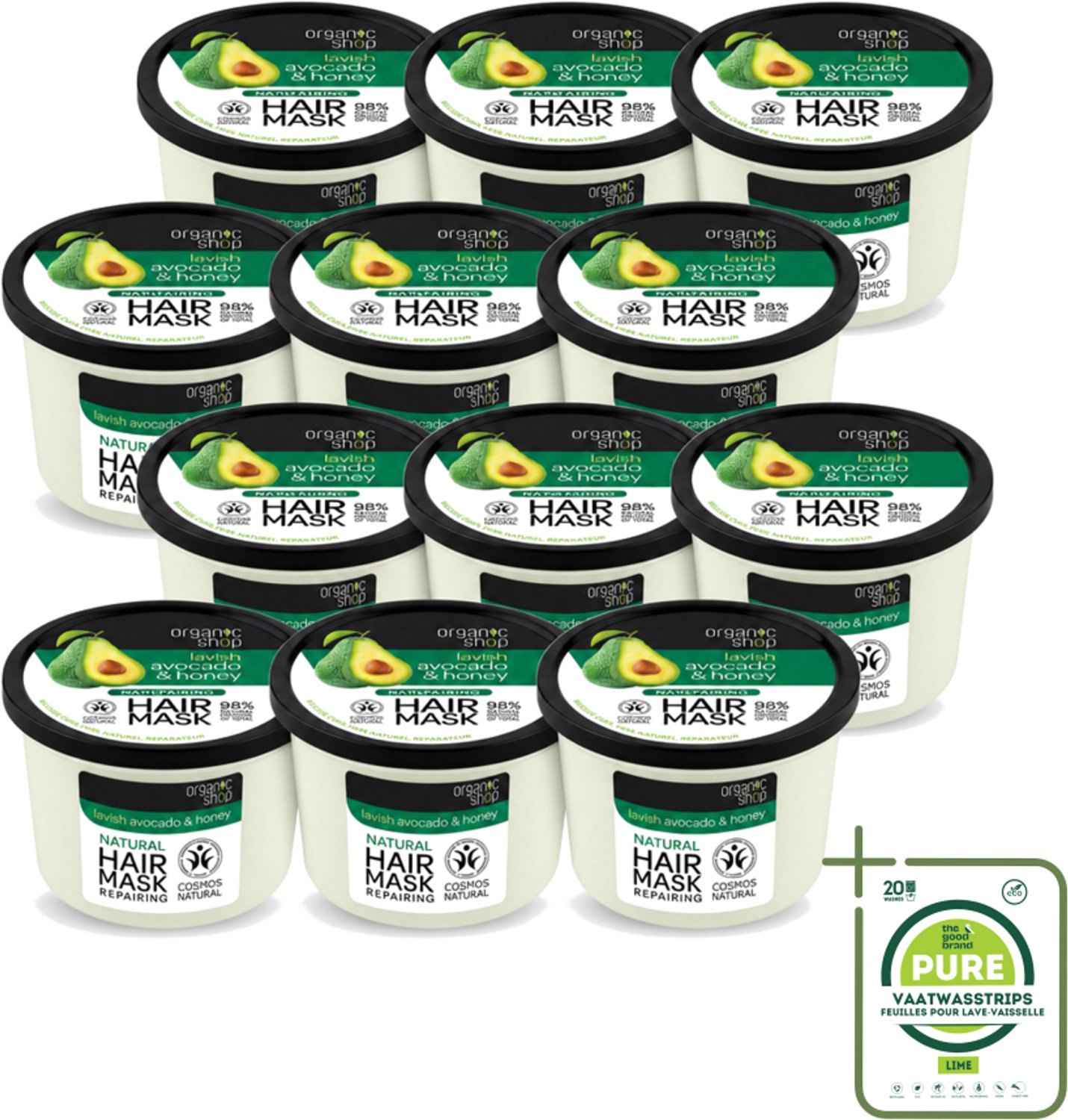 12 x Organic Shop - Haarmasker Avocado & Honey - Hydraterend en Verzachtend - 250 ml - Grootverpakking - Vaatwasstrips - Haarmasker Avocado En Honing - Natuurlijk Haarmasker - Herstel Haartype - Droog Haar Herstellen - Pluis Verminderen