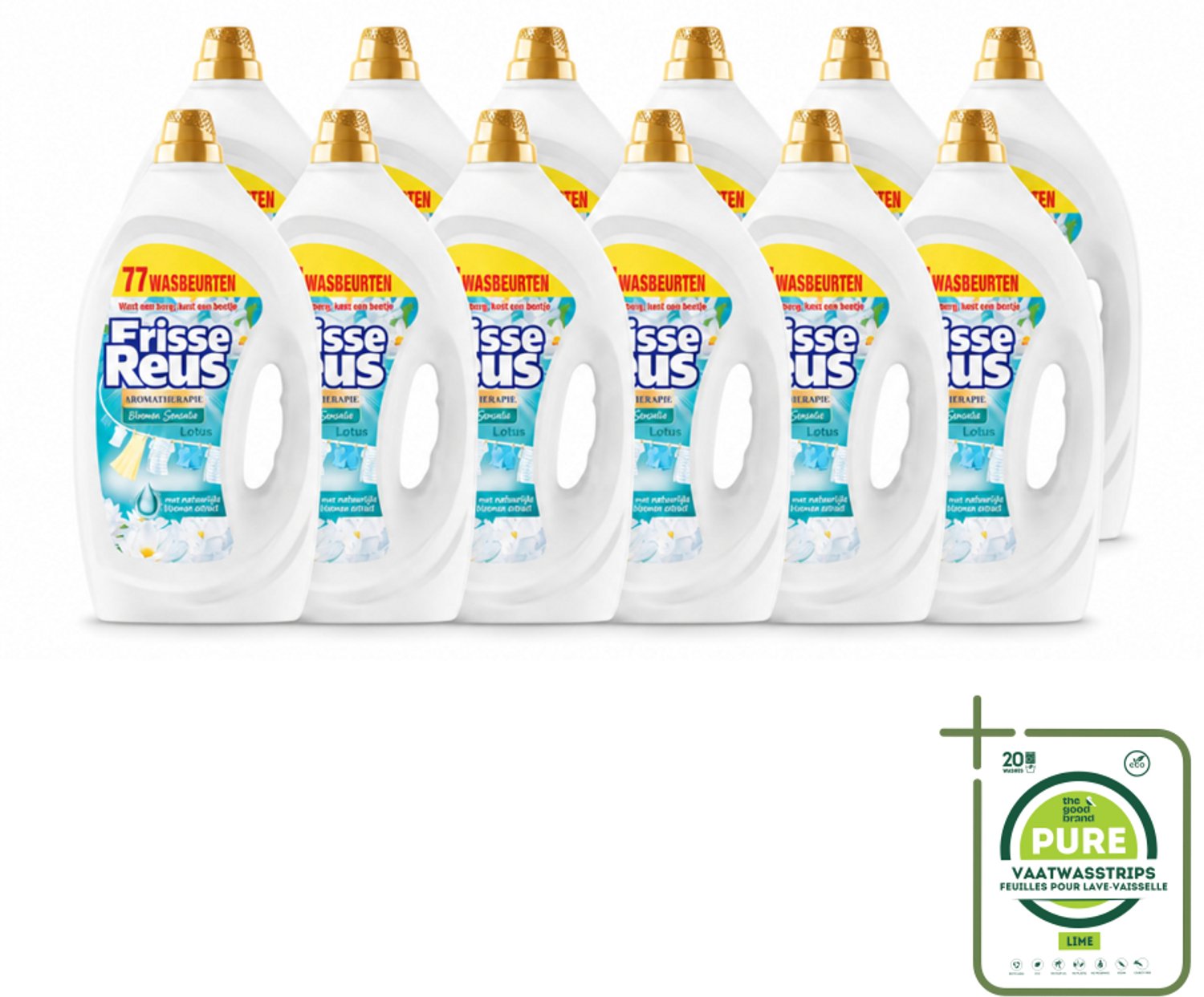 12 x Frisse Reus - Vloeibaar Wasmiddel - Lotus - Witte Was - 77 Wasbeurten - Grootverpakking - Vaatwasstrips - Witte Was - Frisse Was - Waskracht - Wasmiddel - Lotusgeur