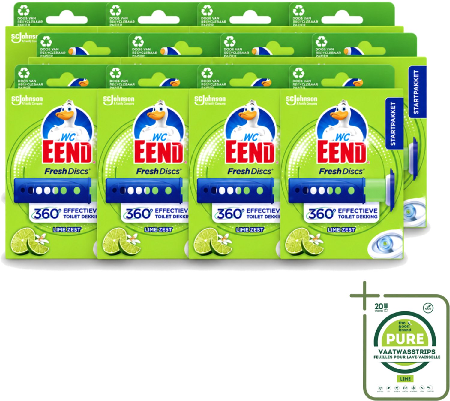 12 x WC Eend - Fresh Discs Lime Zest - Toiletgel - Hygiënisch & Fris tot 7,5 Weken - 36 ml - Grootverpakking - Vaatwasstrips - Toiletgel - Toilet Reinigen - Fris Toilet - Toiletgeur - Hygiëne Toilet