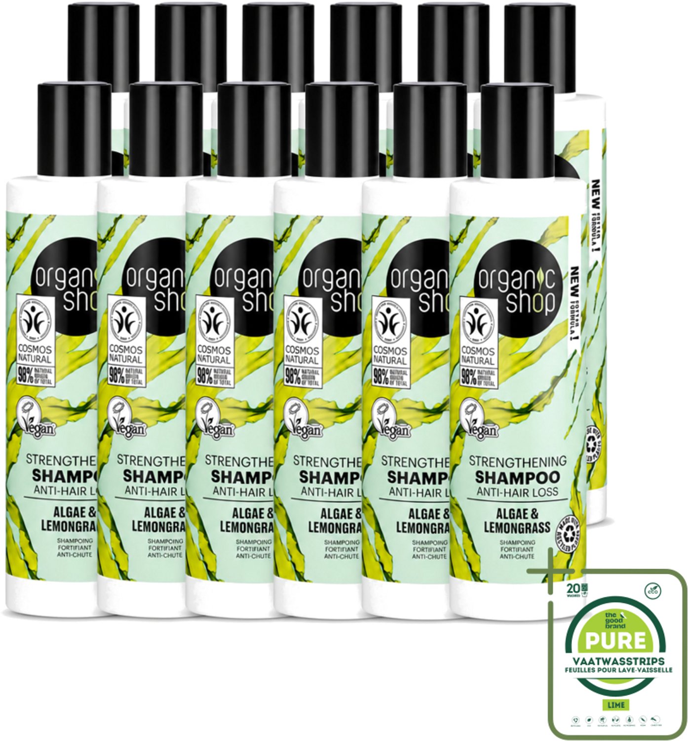 12 x Organic Shop - Algae & Lemongrass Strengthening Shampoo - Versterkend en Herstellend - 280 ml - Grootverpakking - Vaatwasstrips - Haarversterking - Haaruitval - Organisch Algenextract - Citroengrasolie - Gezonde Haarwortels