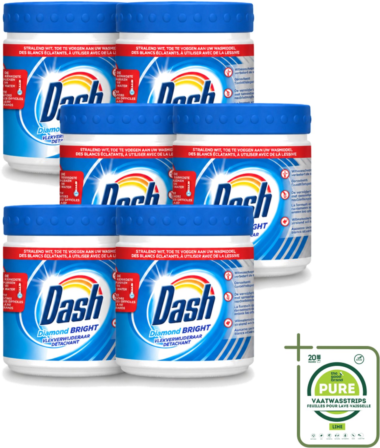 6 x Dash - Diamond Bright - Vlekverwijderaar Poeder - Voor Witte Was - 500 g - Grootverpakking - Vaatwasstrips - Vlekverwijderaar - Witte Was - Vlekken Verwijderen - Wasmiddel - Optische Witmakers