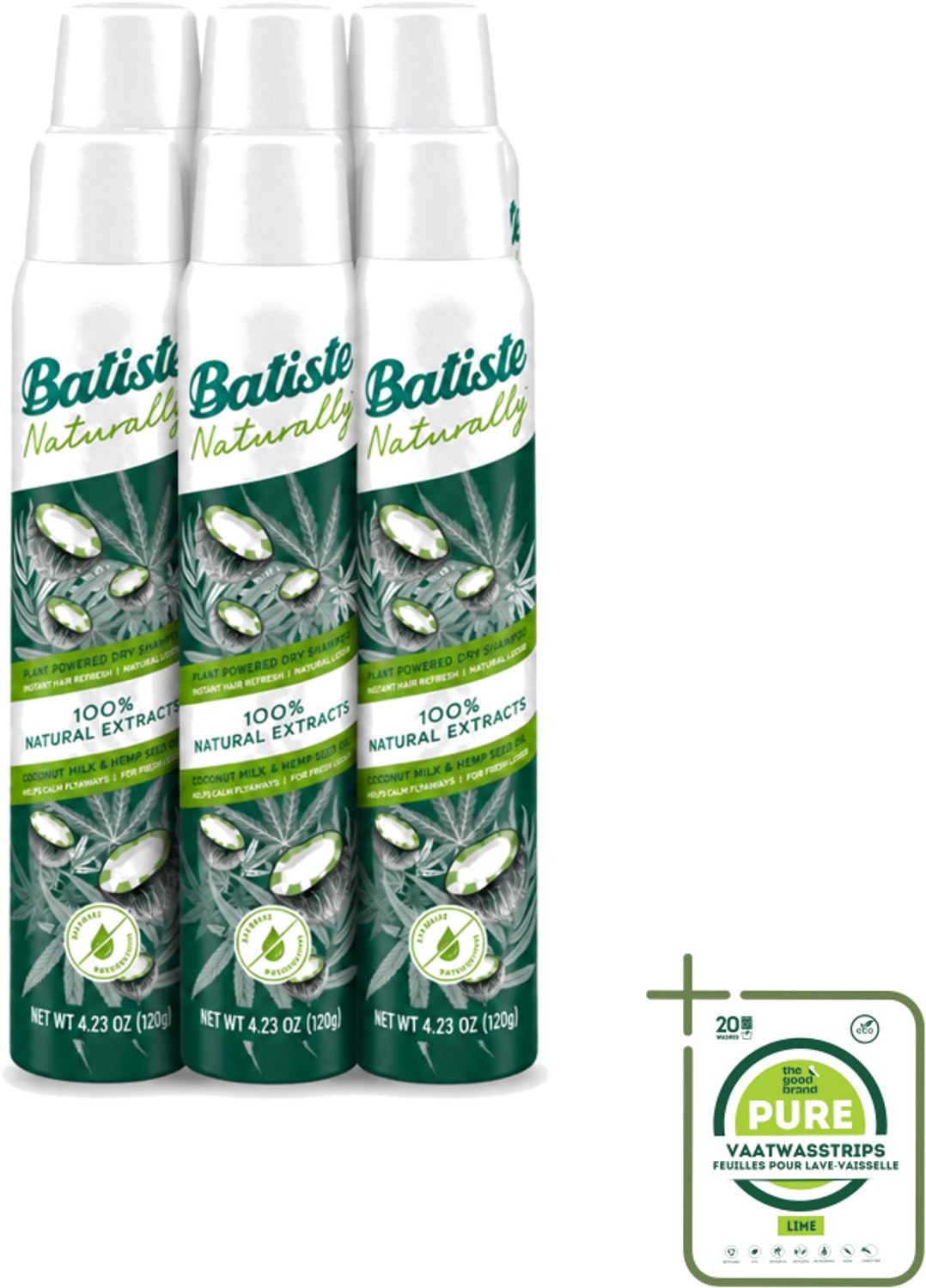 6 x Batiste - Naturally Coconut Milk & Hemp Seed Oil - Droogshampoo - Anti-Pluis en Verfrist - 100% Natuurlijk - 200ml - Grootverpakking - Vaatwasstrips - Natuurlijk Haarverzorging - Droogshampoo - Pluisvrij Haar - Kokosmelk - Hennepzaadolie