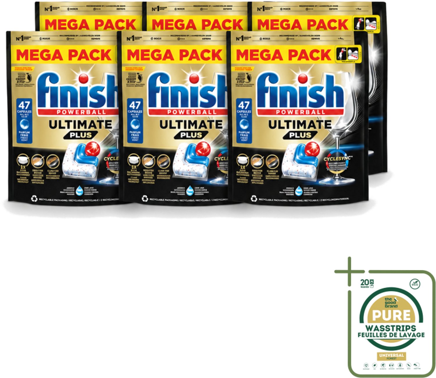 6 x Finish - Vaatwasmiddel - Ultimate Plus All in One Regular - Krachtige Alles-in-1 Reiniging - 47 capsules - Wasstrips - Vaatwasmiddel - Reinigingscapsule - Vaatwasser - Glans - Aangekooken Etensresten