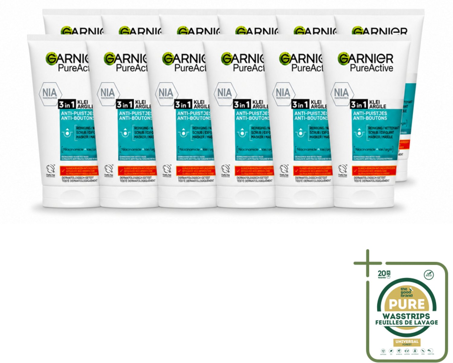 12 x Garnier - Pure Active - 3-in-1 Reiniging Scrub Masker - Tegen Puistjes & Onzuiverheden - Klei & Niacinamide - 150 ml - Wasstrips - 3-in-1 Reiniging - Puistjes - Onzuiverheden - Huidverzorging - Matte Huid