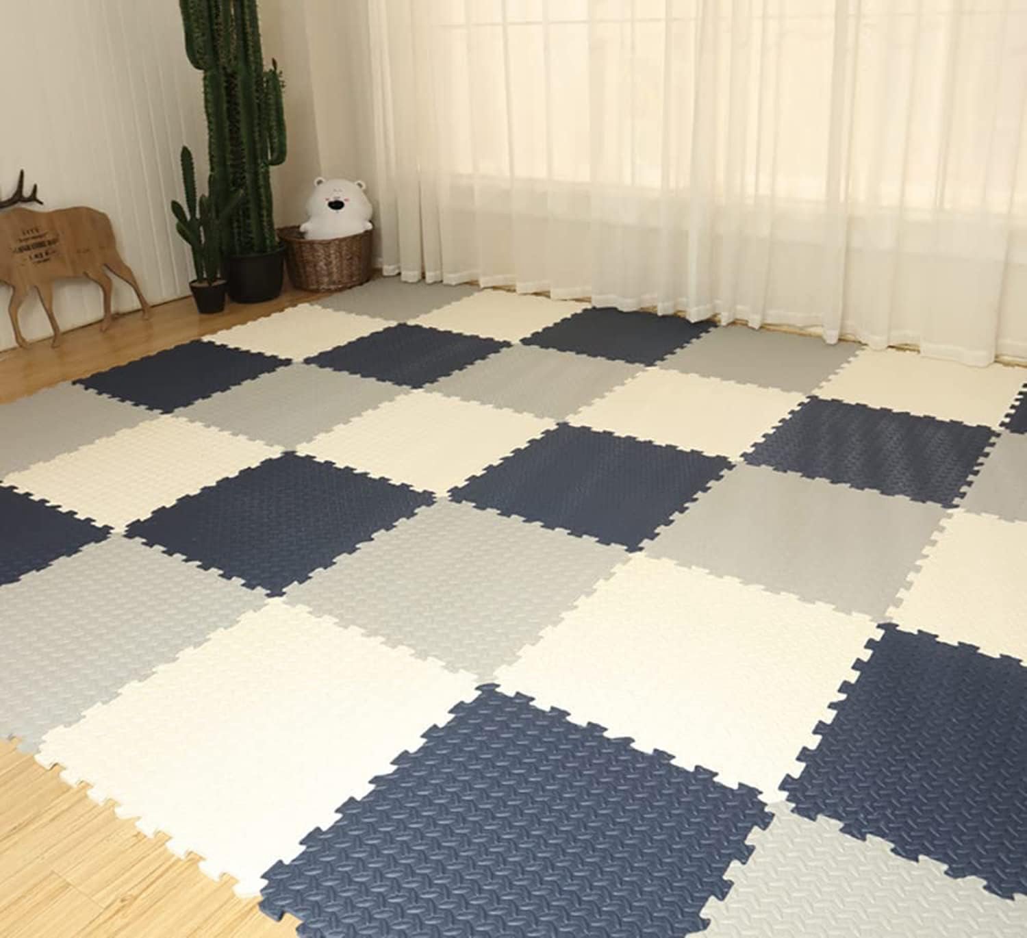 Puzzelmat, babypuzzelmat, kruipmat, speelmat, antislip, vloerbeschermingsmat, 30 x 30 x 1,2 cm, schuimmat, wit + marineblauw + grijs, 18 stuks