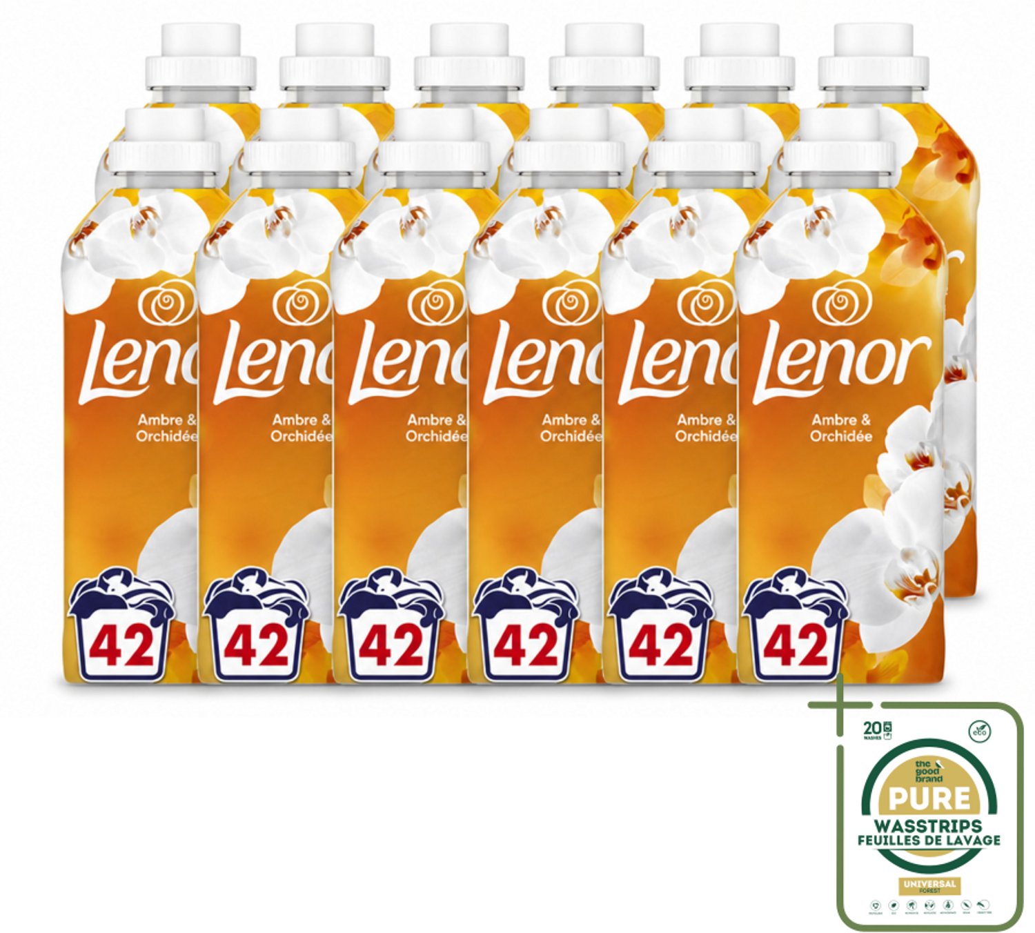 12 x Lenor - Wasverzachter - Amber & Orchidee - Fris & Zacht - 42 Wasbeurten - Wasstrips - Wasverzachter - Fris - Ontspannen - Geur - Wasgeur