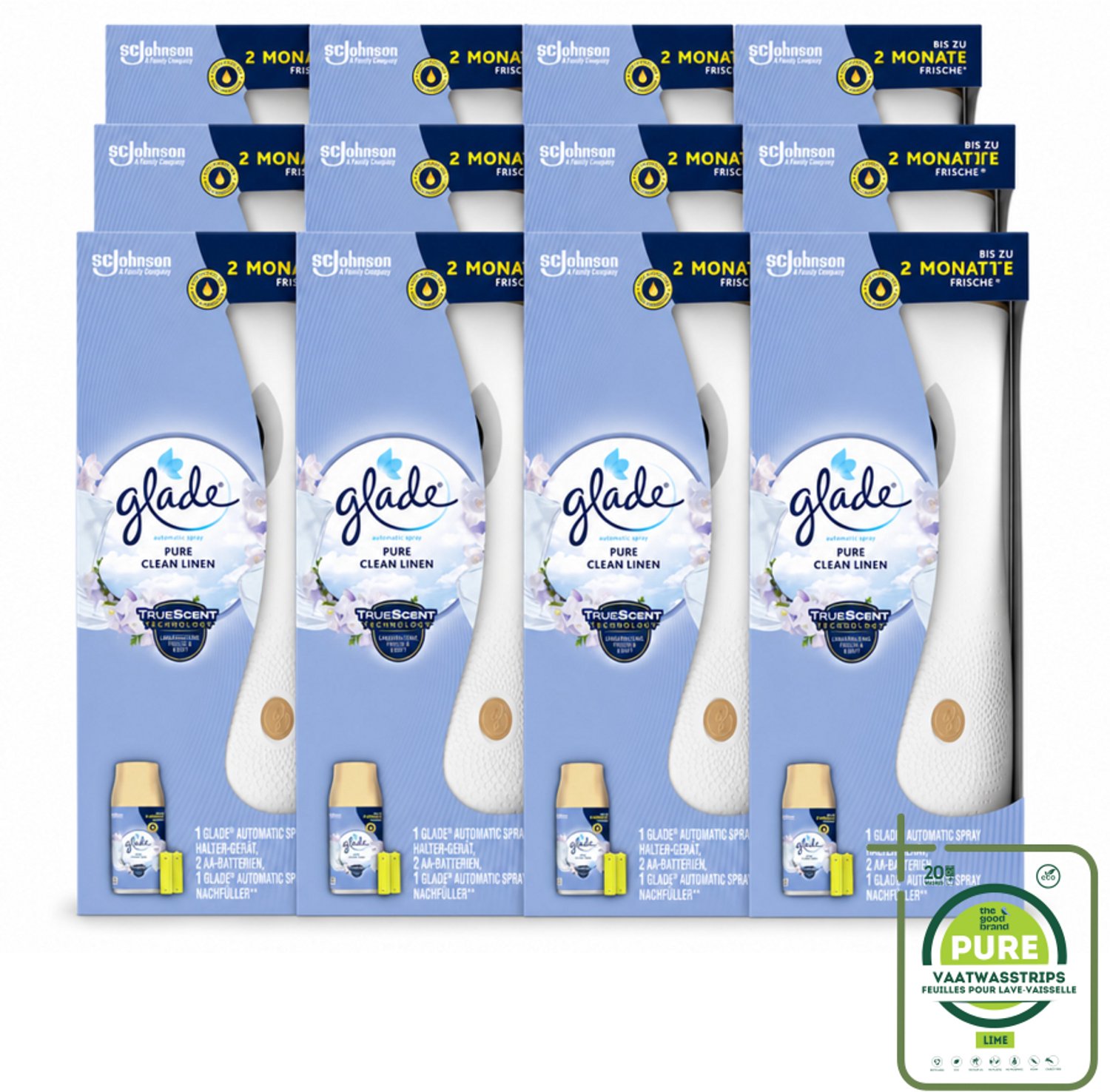 12 x Glade - Startset Automatische Spray - Pure Clean Linen - 269 ml - Grootverpakking - Vaatwasstrips - Geur Versgewassen Linnengoed - Geur Pure Clean Linen - Geurverspreiding - Automatische Geurafgifte - Geur In Huis